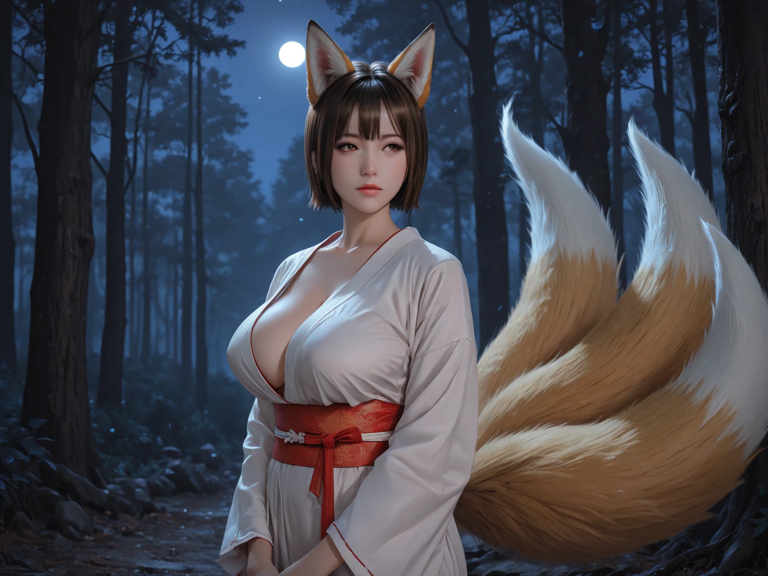 colombian woman, light brown hair twin tails, black and orange robe revealing huge breasts, 19 years, Fox tail, fox ears, sitting on massage table, Photo studio, Black background, In the background a golden Buddha statue