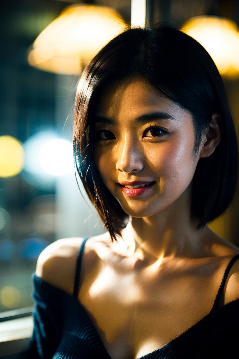 highest quality, epic realistic, ((in the pitch black darkness :1.4)), ((portrait:1.5)),(background: dark ) high contrast ,glorious picture, lowest lux, lighting face, she's comfortable, wearing nothing, , looks incredible, (8k, Raw photo, Highest quality),(epic realistic:1.5), a woman, face,(detailed eyes:0.8),(looking at the camera:1.4), (Highest quality), ( high contrast, deep shadows),Intricate details,cinematic,((skin:1.4)), (short dark hair:1.3), long hair, messy ,(Hdr:1.5),Detailed, colors, Superior quality, Masterpiece, Raw Photo (20-year-old, looking at viewer), beautiful, (wearing plain yellow shirt,), perfect, natural, perfect composition, portrait, perfect face, smiling expression, Captivating eyes, Bright details, Tight lips, (High Skin Detail),, (blue tint: 0.6), (sale: 0.8), (bloody: 0.7), Key lighting , (backlight: 0.5), Medium depth of field, Canon 5d, 50mm lens, f/4 apertures, (Ultra-detailed, Complex detail), sharp focus, soft colors, 8k, Absurd, 80mm, bokeh background, photography, smiling, pinay, filipina, large , neon lights background