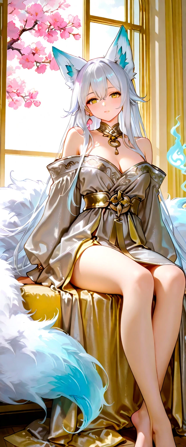 (masterpiece:1.2), (Best quality at best:1.2), perfect body shape, perfect eyes, perfect face, 1 Girl, Alone, 8K, Best Quality, large breast,(Detailed description of hair), (Detailed description of face),(Detailed description of body), fair and clear skin, matchless beauty, long legged, (Stockings), (Sapphire Necklace), (30 years old),facing the audience, professional photographic lighting, bronya, grey curl long hair, yellow grey eye, ballroom dress, cleavage, cowboy shot, sit elegantly, princess