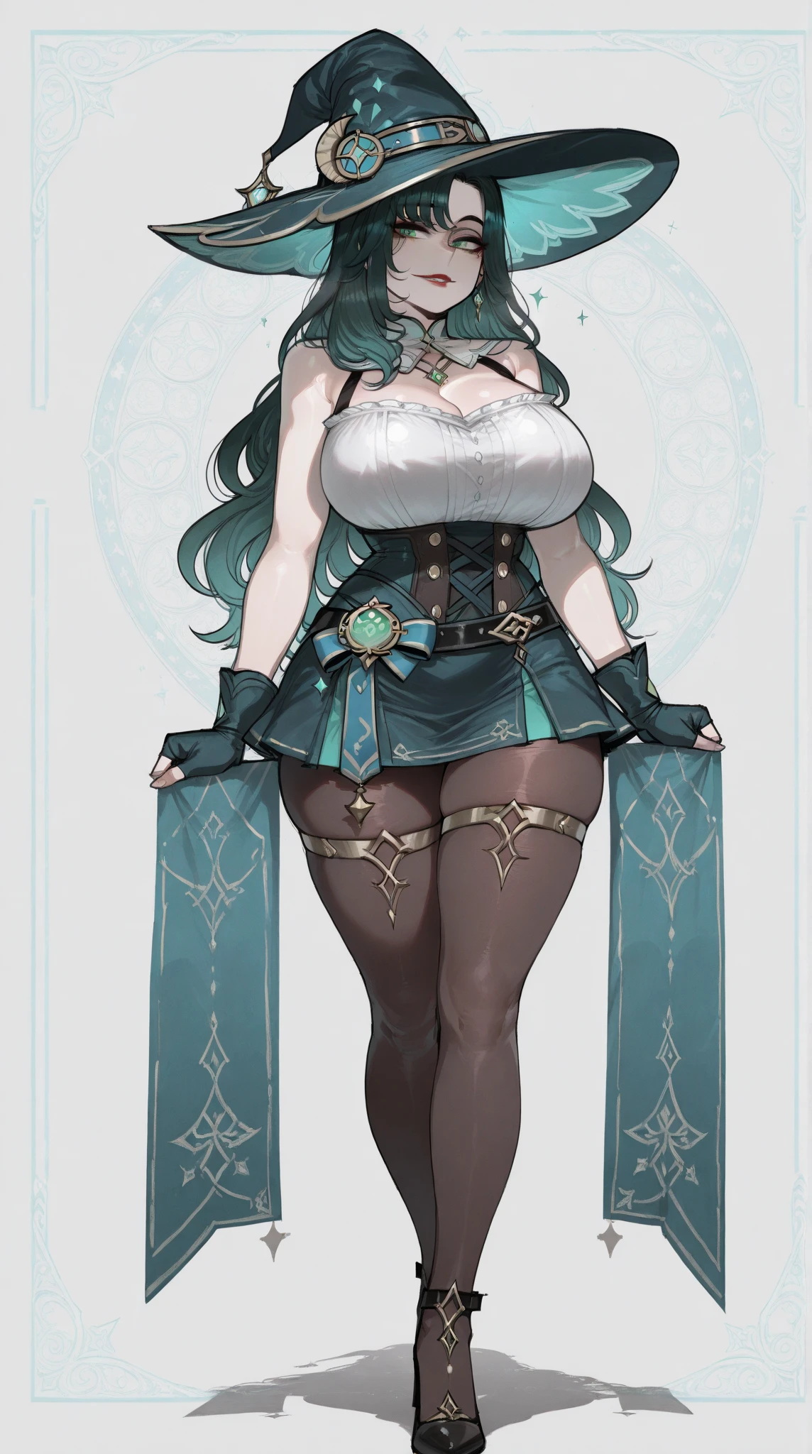 (Masterpiece: 1.5), (Best Quality: 1.5), Perfect Eyes, Perfect Face, Volumetric Lighting, 1 Woman, Mature Woman, (Whiteness: 5), fox ears, fox tail, dark brown hair, green eyes, long hair, high leg g string, corset, leather, massive breasts, massive cleavage, BDSM, submissive, blushing, thick thighs, wide hips,