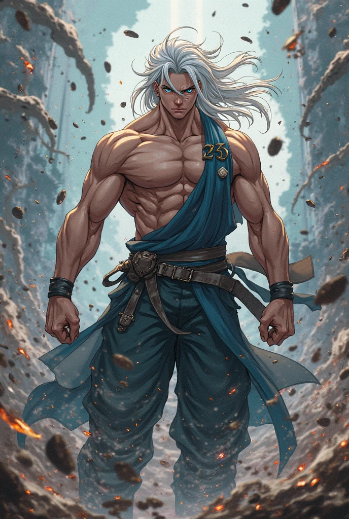 8k, sophisticated, elegant, highly detailed, majestic, digital photography, surreal painting, magic, magic, fairy tale, (Masterpiece, side light), hdr, (Bright blue eyes), Naked upper body, (shiny tattoo), Handsome adult man, long beautiful straight platinum hair below the shoulders, athletic body, beautiful proportioned male figure, tanned skin, Handsome, in front of the camera - just a masterpiece. realistic. a full-length image. Long hair below the shoulders. grey clothes. He holds a large silver sword in his hands. a well-proportioned male body
