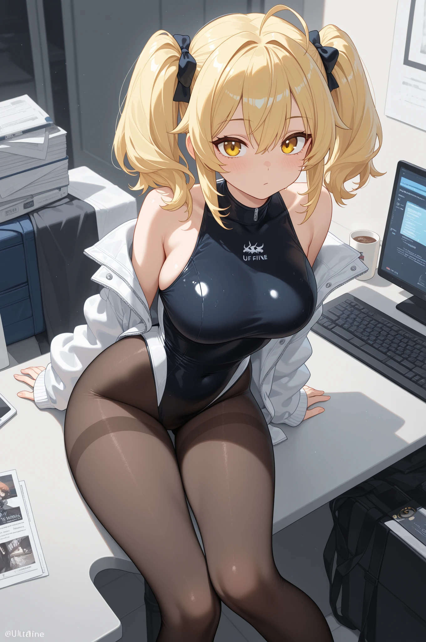 ((Masterpiece, Best)), (1girll), (Mature woman), Light hair, ((dark skin)), flared, (Office Lady), bangs, Big breasts, Glasses lady, (full), Slim, Smile, [Wide hips], Office, sitting,  8K picture quality, Sexy seduction, (((Transparent suit))),(((Completely naked))),dark puffy nipple