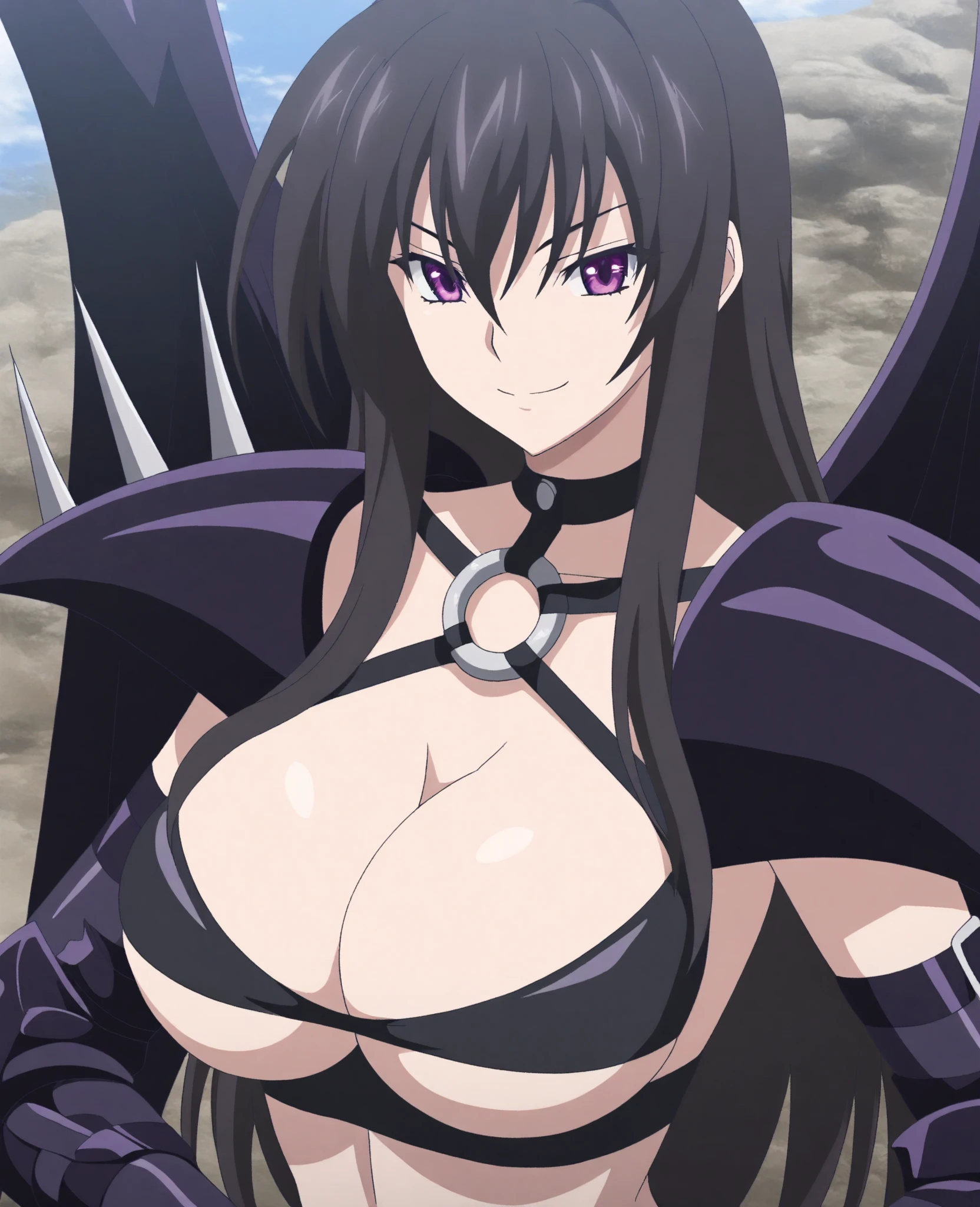 , , collarbone,choker,black outfit,belly button, Torn_Clothes, Torn_leg wear,Lock,collar, shoulder armor, High leg,boots,Thighhighs, purple_eye,,black_hair,very_length_hair,elbow_gloves, 1 girl, 20 years,mature woman,beautiful Finger,beautiful length legs,beautiful body,beautiful Nose,beautiful character design, perfect eye, perfect face, looking at the viewer, (innocent_big_eye:1.0),laugh at,Evil smile,laugh out loud NSFW,official art,Highly detailed CG Unity 8K wallpaper, perfect lighting,colorful, bright_front_face_lit, (masterpiece:1.0),(Highest_quality:1.0), 超High resolution,4k,Super detailed, photo shoot, 8K, HDR, High resolution, disorganized:1.2, kodak portrait 400, film grain, blurred background, Bokeh:1.2, Lens flare, (lively_color:1.2) (beautiful,big_chest:1.4), (beautiful_face:1.5),(narrow_waist)