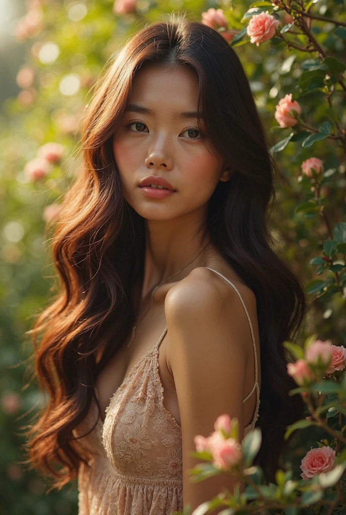 Create an image of an individual with long wavy brown hair, no visible upper body clothing, and an artful arrangement of flowers covering their chest. The semi-profile pose features one arm raised, holding flowers near the face, and the other hand positioned lower. The setting should have soft, diffused lighting and muted earthy tones. 