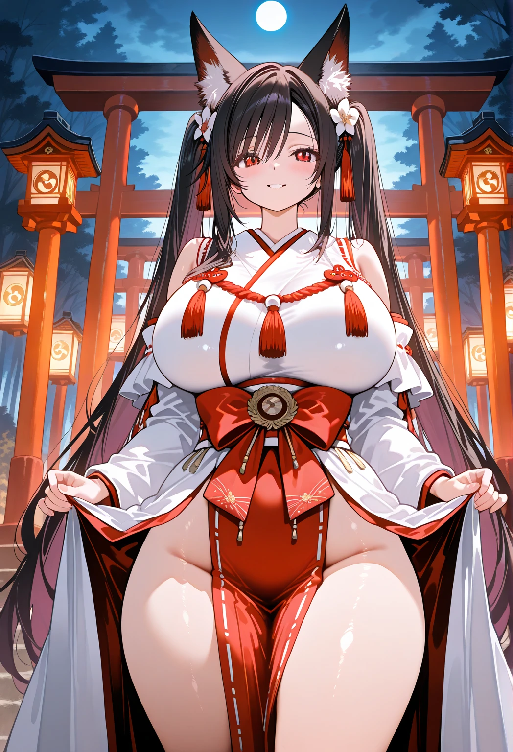 (hews art style:0.7), (hero neisan art style:0.7), score_9, score_8_up, score_7_up, score_6_up, score_5_up, score_4_up, uncensored, shizuka hiratsuka, long hair, black hair, black eyes, BREAK (masterpiece:1.2), best quality, high resolution, (detailed eyes:1.3), perfect lighting, (perfect hands, perfect anatomy), hearts, pleasured, large breasts, sagging breast, curvy, plump, 1girl, breasts, thighhighs, solo, skirt, breast curtains, bell, open mouth, thighs, detached sleeves, thick thighs, looking at viewer, white thighhighs, arm up, panties, red skirt, armpits, underwear, japanese clothes, white panties, outdoors, cameltoe, miko, arm behind head, pleated skirt, nontraditional miko, revealing clothes, curvy, standing