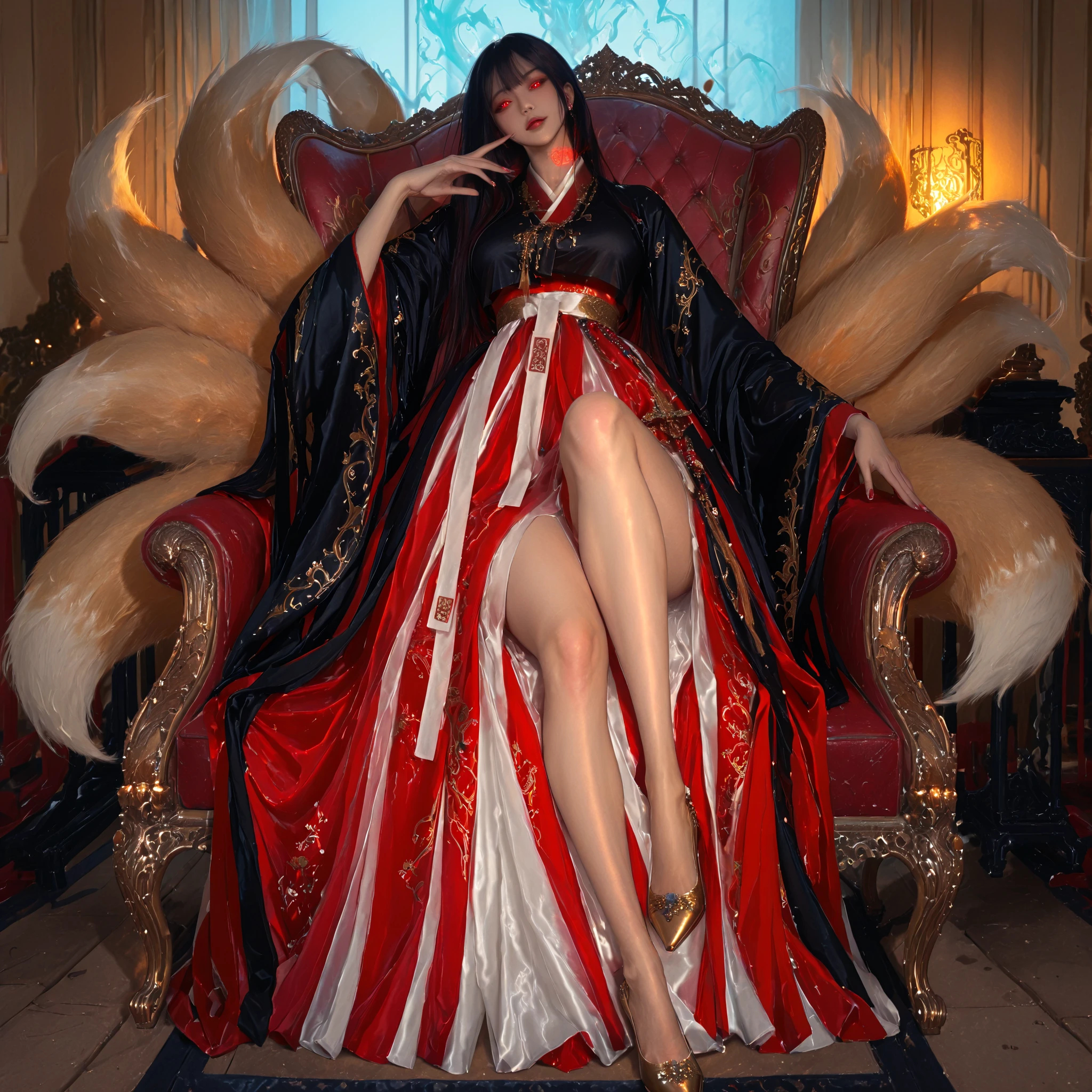 /imagine A girl,which have dear eyes and long neck coral Leps ,long black hairs fair color,with red lenhga.sitting on a royal chair.and a mukut on her head.