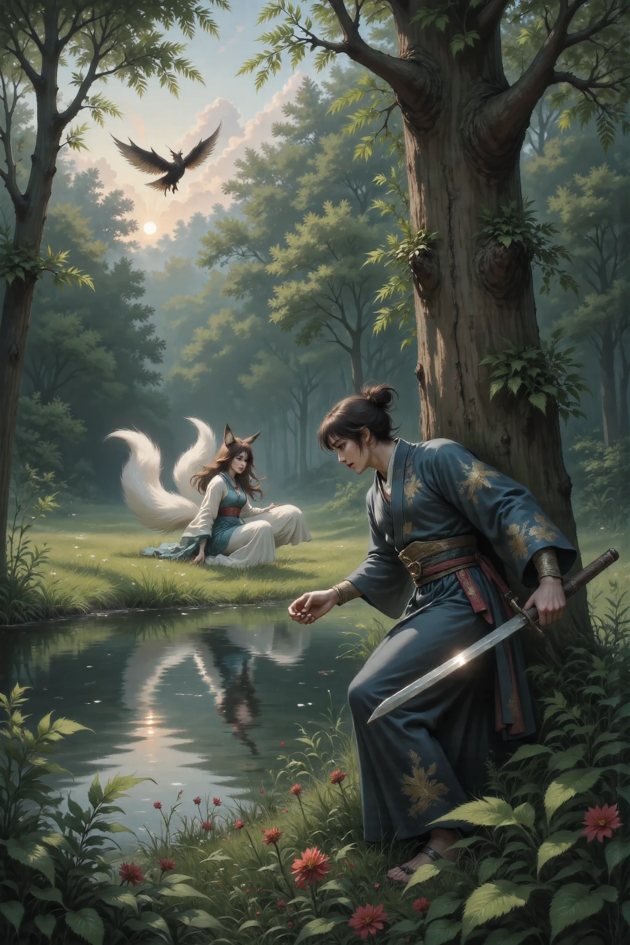 A guy in vintage Japanese clothes with his hair curled back with a katana at the waist tries to catch the cunning kitsune girl hiding from him behind a thick tree trunk. On the other side of the tree, you can see multiple long fluffy white tails belonging to a girl.
View through the dense thickets of ferns and red berries into a clearing in a thick magical forest. The rich green colors of plants and trees. Textured tree trunks. The gentle face of a girl with predatory eyes.
The atmosphere of adventure and mystery. dawn lighting. Light penetrates through the thick crowns of trees with rays illuminating the meadow and the girl. extremely high detail. high resolution. Irons with wings fly across the sky. Dark detailed very detailed textures below, light and airy выше. highly detailed oil painting, made with oil paints.