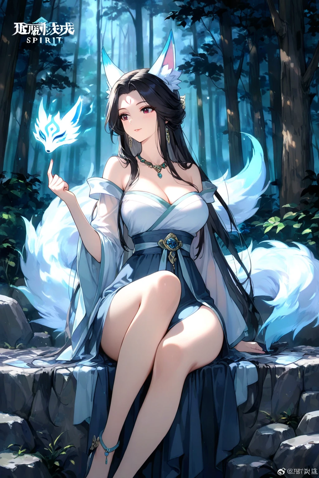 masterpiece, high quality, highres, ah3, hinata_hyuuga, facial mark, long hair, blue hair, white eyes, no pupils, (((blue multiple tails, blue fox tail, blue fox ears))), magical girl, slim body, large breasts, bracelet, necklace, hair clip, sexy pose, smile, standing, magic forest, night, (((holding a blue fireball in one hand)))