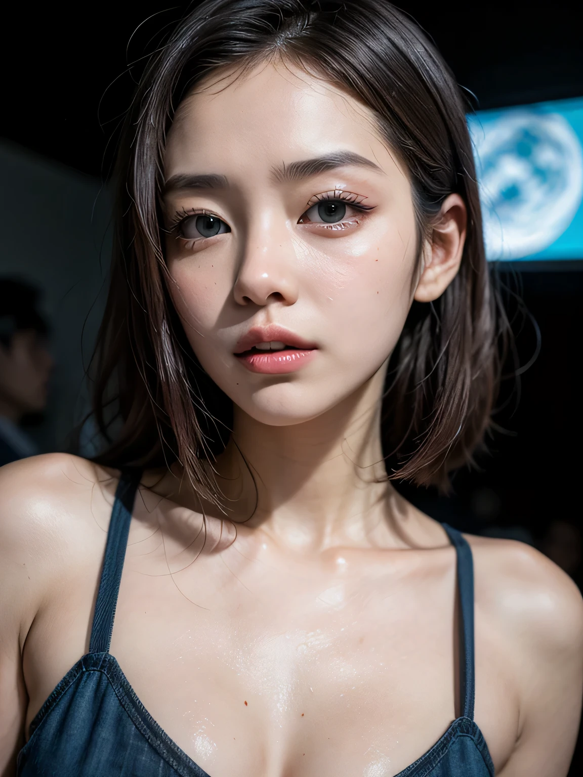 (8K、Raw photography、highest quality、masterpiece:1.2)、high-definition RAW color photography、professional photograpy、(realisitic、photograph realistic:1.37)、ciinematic light、1girl in、Rubber One Piece Swimsuit、full bodyesbian、gigantic-breast、hugetits、