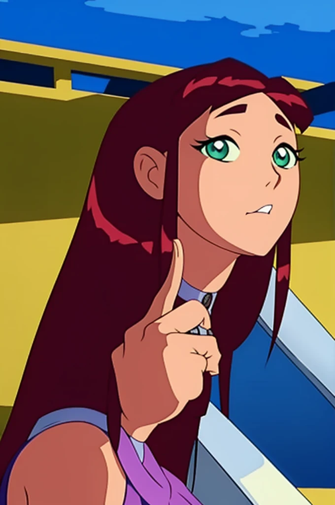 pov, sam, totally spies, orange hair, green eyes, handjob, white skirt, pink top, inside a toilet stall, skinny, foreskin, from above, smile, half-closed eyes, looking at viewer