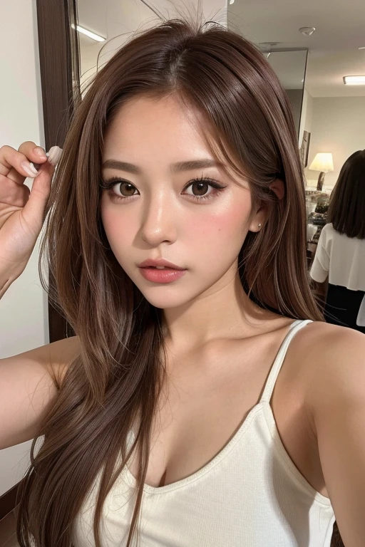 ((Photorealistic、Masseter muscle area、Highest quality、High resolution、RAW Photos))、(full body, glamorous body, Perfect Detail)Realistic、Bright lighting、Face Light、Smooth Professional Lighting、pretty girl、Beautiful woman, Modeled、gravure、(wavy hair、Brunette colored hair、Brown eyes, sexy face, want to kiss++) ,natural makeup、so beautiful、Realistic and beautiful skin、Big tits、Cleavage、plum thighs, Beautiful and detailed、Detailed face、 looking at the camera、take a picture, Seductive Pose, no cloth
