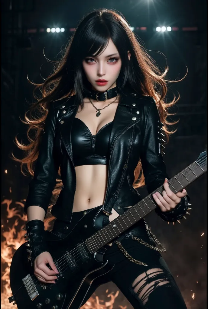 80's female hard rocker, hard dark gothic makeup,, black dark eye shadow, good skin glow, lame gothic makeup, dark smile, fragrant beauty, 80's heavy metal style long hair, red and yellow mixed hair color, top quality, colorful punk style jacket, leather hot pants, leather boots, slender body, gentle expression, deep black eye shadow, playing Les Paul style electric guitar, in a hard rock heavy metal rock style room