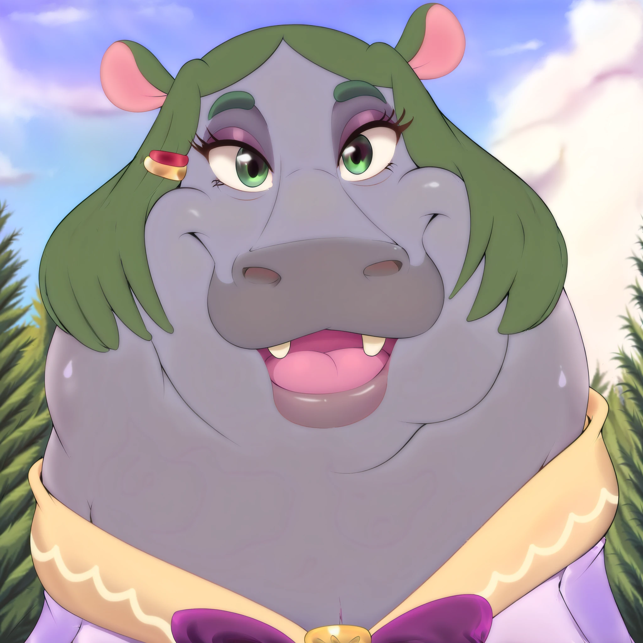 Masterpiece, best quality, high resolution, headshot, close-up, portrait, 1girl, best quality, ultra-detailed, (masterpiece, best quality:1.3), 1female, adult, anime, mature female, smile, age 30-40, curvy, milf, mother, **hippopotamus**, **high school hippo girl**, solo, short green hair, green eyes, purple bow headdress, hair clips, purple and yellow sailor collar, dorky hair, **Gray-green skin**, **large hippo ears**, chubby cheeks, Bow hair, Purple Bow, looking at viewer`