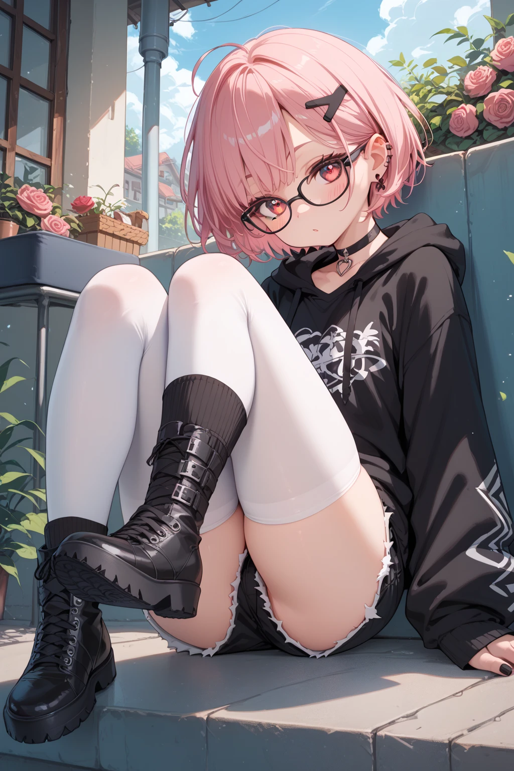 (( Milky pink short bob hair: 1.2, thick red glasses with small frames: 1.2, [elf ears: 0.7], magenta eyes:1.2))photorealisim、top-quality、超A high resolution、a picture、Extraordinary beautiful girl、Highlights of cheek luster、Detailed cute and beautiful face、(pureerosface_v1:0.008)、Glowing white shiny skin、Bangs between the eyes、shiny and beautiful hair、Silky hair、finer hair、High-definition eyeeautiful, Bright and clear, Small eyes、eye liner、Double eyelidull body like、red blush、embarrassed from、shiny little necklace and earrings, shiny lips: 1.4, (Shy laughter)、Kamimei、red blush、Tears are embarrassing、(Turtleneck knitwear)、((Denim Mini Skirt))、(( lace panties))、((Open knees))、((open one's legs))、 (sit on stairs)(((22 years old, college student, beauty, beauty, pretty, beautiful, [big breasts: 0.7])))