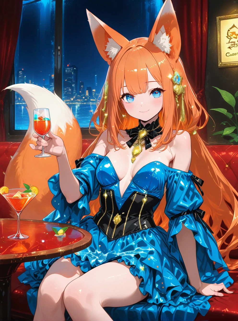 Fox ears and tail、niece、 cabaret、glittering off-shoulder dress、Cocktail on the table、Sit comfortably、Quiet Smile、(Darken the color)、Gorgeous Hair Ornaments、Skyscrapers outside the window in a glass-walled room