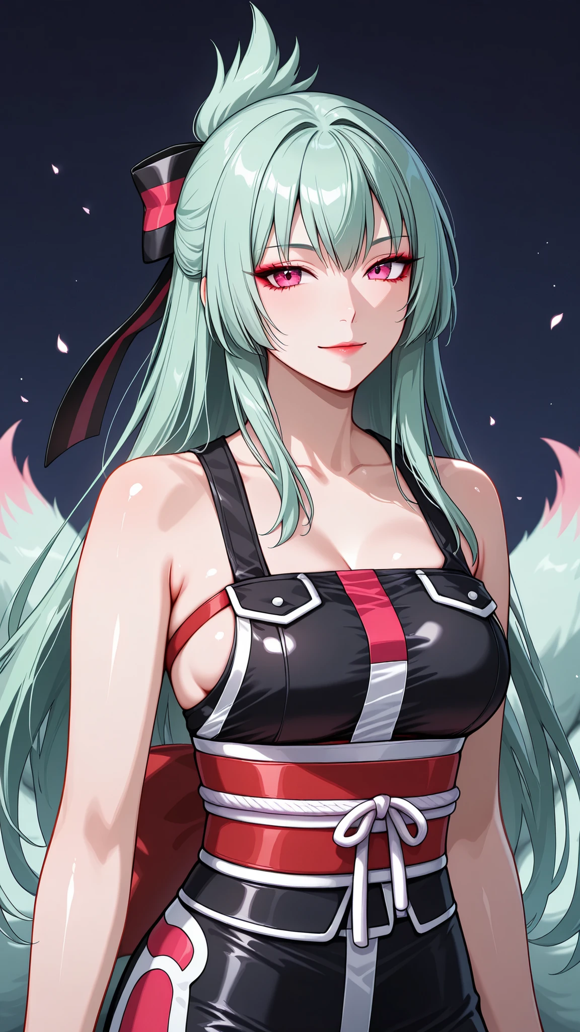 solo, kanzaki_saya,  long hair, mature woman, Tight waist、Small waist、shiny Skin ,  (upper body), light smile, nine tailed fox, from front,looking at viewer,