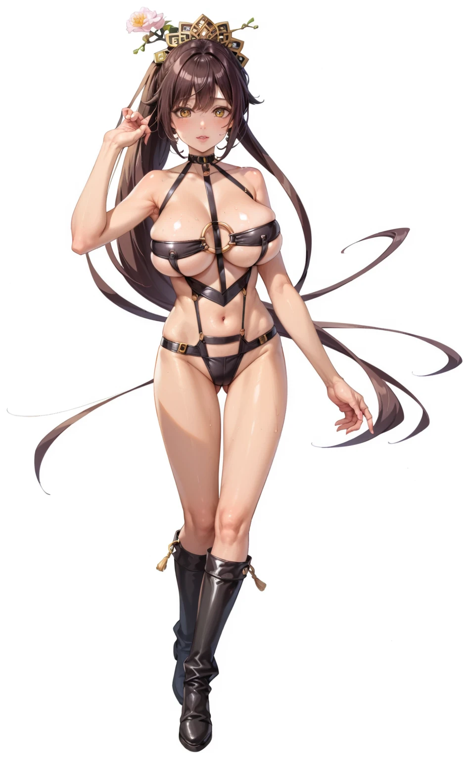 optimum，tmasterpiece，A high resolution，best qualtiy，hyper HD，super detailing，Award-Awarded，16k，（full bodyesbian），Beautiful teenage girl，whaite hair，Hairline，（（Heterochromic pupils）），Hanging eye corners，White skin of the，（small boobs），（Slim body），（（Military dress）），ear studs，（neck rings），（Short gloves are as short as half the palm of your hand），（long leges）