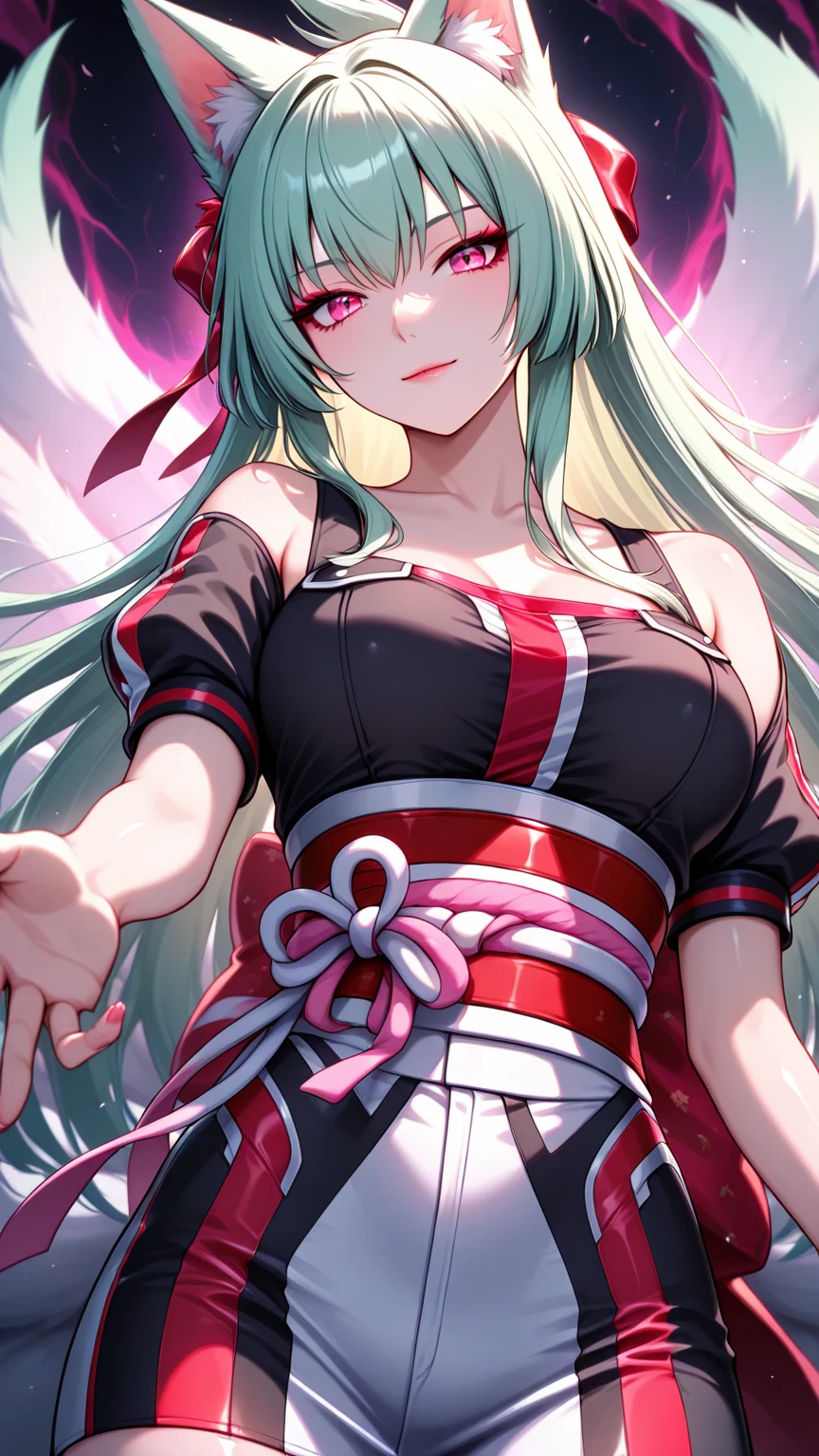 A cartoon girl with pink hair and green eyes with a pink braid, Official Art, Demon Slayer, Kimetsu no Yaiba, Mitsuri Fanart, Mitsuri Kanroji, Official Character Art, Official Art, nsfw, 8k, high quality, masterpiece