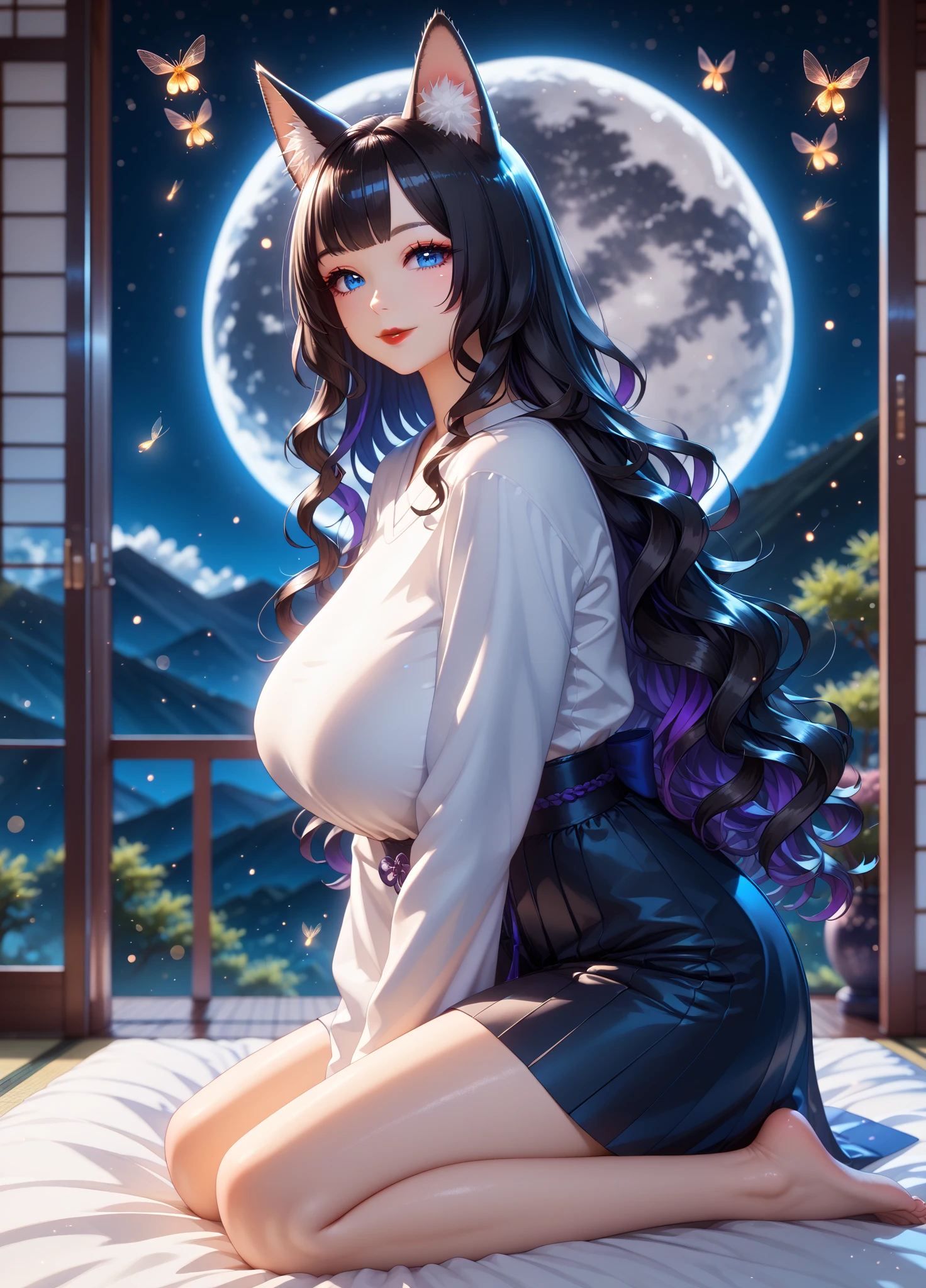 Masterpiece, 4k, extremely detailed, single girl, flowery field, night sky, moonlight, large breasts, space between breasts, thin shirt, black bra, tied hair, black hair, skirt, solo1, one person,