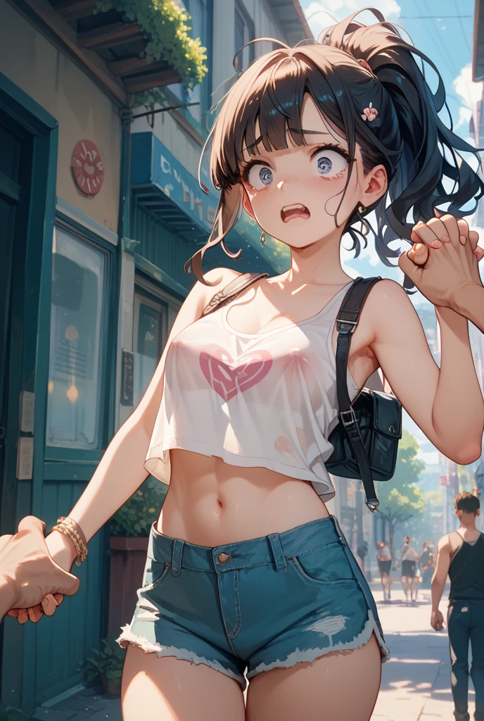 masterpiece, best quality, 1girl, crop top, denim shorts, choker, (graffiti:1.5), paint splatter, arms, looking at viewer, paint on body, head tilt, bored, multicolored hair, aqua eyes, ,holding on to the railing of the train,armpits, (presenting armpit:1.3),(looking away:1.4), (train interior:1.3),(crowded train:1.3),
upper body,(white shirts:1.5),
,alternate breast size, breast grab, (a boy,grabbing from behind:1.8)
,(frown:1.2), (embarrassed,blush:1.2),(Stunned face of despair:1.8),sweat,(angry:1.2)