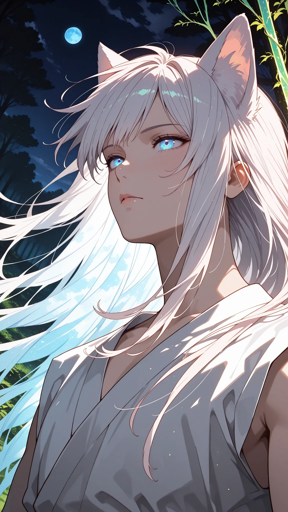 真っ暗な森, cinematic, (masterpiece), (best quality), (ultra-detailed), very aesthetic, illustration, realistic illustration, perfect composition, intricate details, absurdres, (anime, masterpiece, intricate:1.3), (best quality, hires textures, high detail:1.2), (4k),(incredibly detailed:1.4), , 1boy, yko_yyh, white long hair, fox ears,in a dynamic motion ,deep forest ,huge ivy,deep forest,lighting effect,Glowing Contours,dynamic angle,fantastic scenery,(moon night:1.2),dim light,portrait,