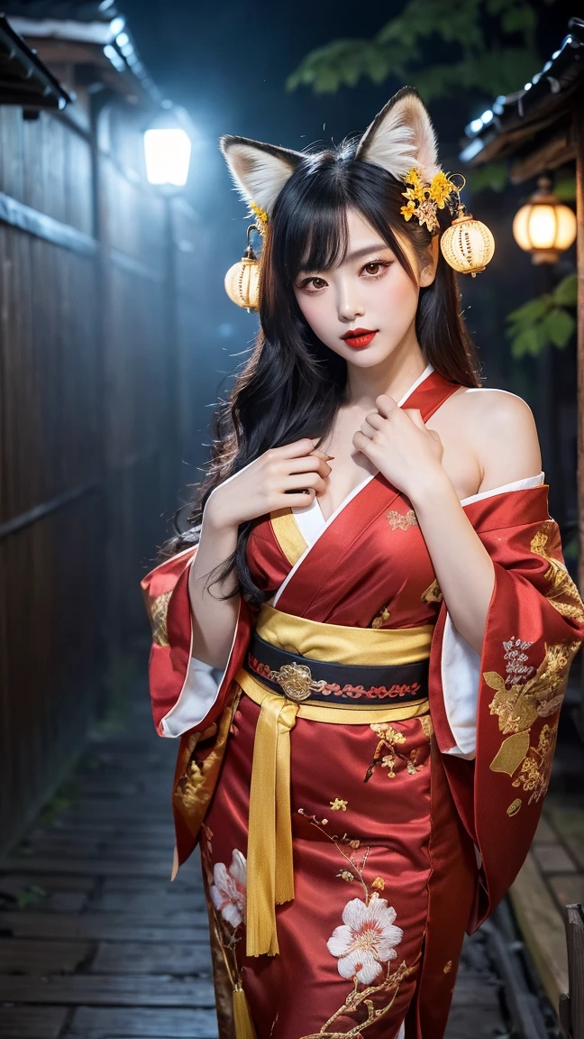 In a futuristic scene, Geisha in Japan with mechanical reinforcement、Elegant in elaborate gardens. She has beautifully detailed eyes and lips that complement her face. Geishas wear traditional kimonos with intricate patterns and designs. Night city and Halloween decorations around her. The scene is painted with a blend of illustration and photorealism, Ultra-detailed brush strokes and clarity, Vivid colors. Lighting emphasizes the elegant features of the geisha, Gives her porcelain skin a soft glow. Artwork is of the highest quality, 4K or 8K resolution, Showcase the intricate details of geisha attire, nightcity、Halloween. The overall color scheme is、It is a combination of traditional shades of Japan, Crimson, etc., blacks, and subtle gold accents, With a futuristic twist. The fusion of ancient traditions and modern technology is、Create captivating and visually striking masterpieces.Halloween、Halloween、pumpkins、Background Halloween