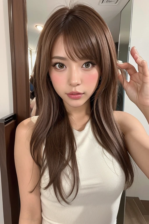 8k,Highest quality, masterpiece, Ultra-high resolution, (Realistic:1.4), RAW Photos, (Realistic skin texture:1.3), (Film Grain:1.3), (Selfie angle),One Girl, Wonderful Hairstyle, Selfie in the mirror, Brown Hair, Beautiful and detailed eyes and face,masterpiece, Highest quality, Blonde