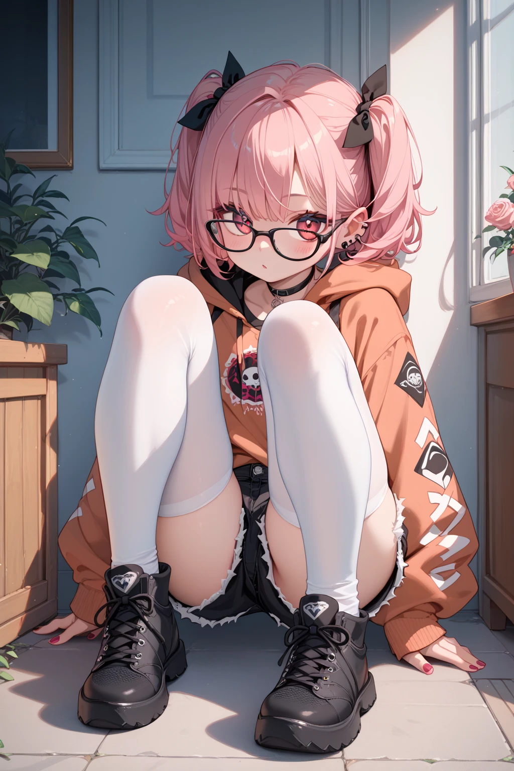I have white pink hair, cat ears, a bun, my face is super blushing, black glasses, pink heart eyes, a big pink sweatshirt, a black skirt, black stockings, white shoes, a cat&#39;s tail, a girl. Very shy