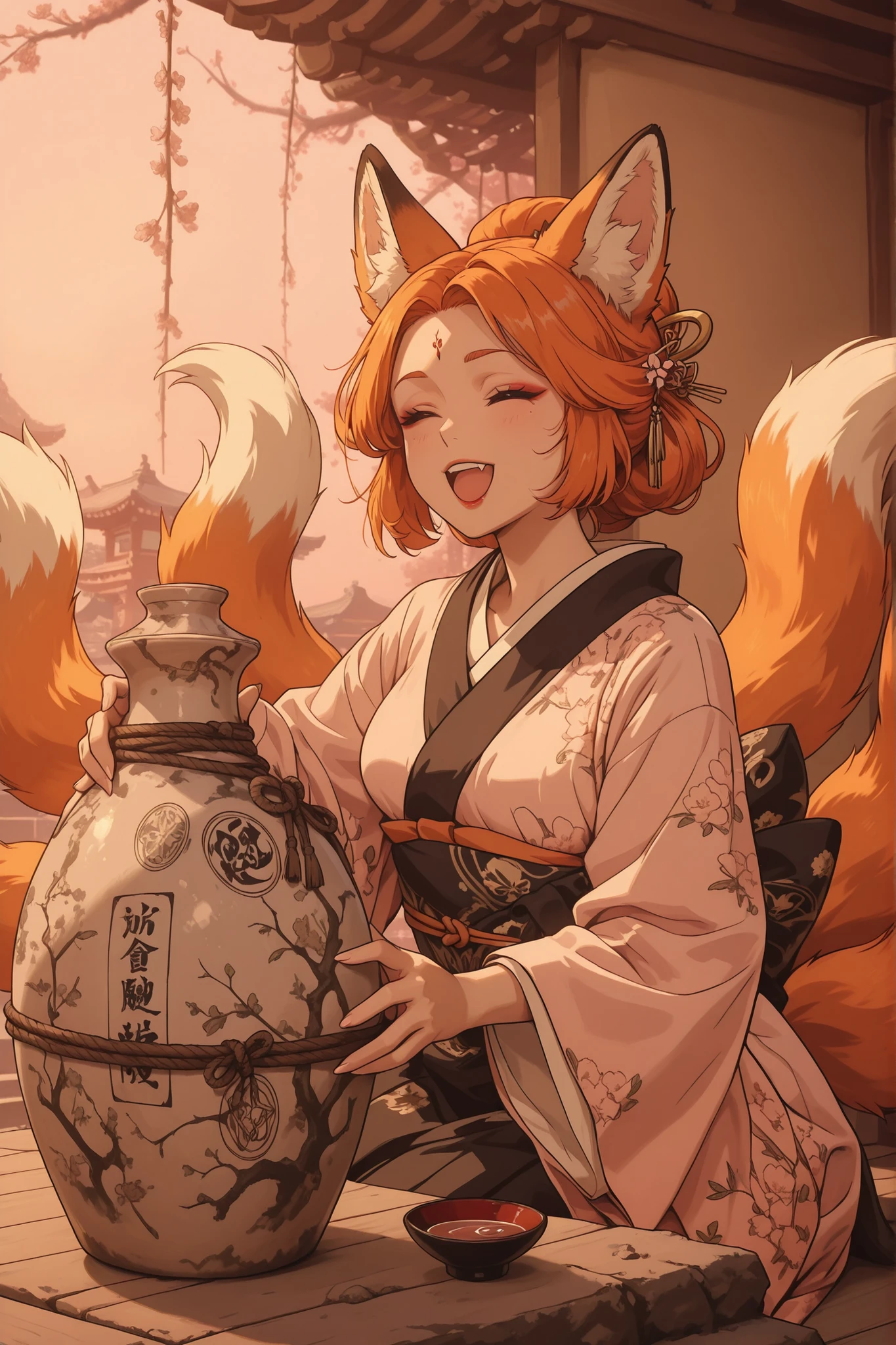 atnr,oiran,hair ornament,japanese clothes,kimono,floral print,kanzashi,makeup,Dirty pottery. Well-used pottery
**"Forbidden Flask: Revelry Unsealed"**: This vibrant illustration captures a playful moment with a **mature, human-form fox spirit** in her **secret hideaway**. Her distinctive **orange hair** and **numerous fox tails** frame a face lit up with mischievous delight as she brandishes a **ceramic sake vessel**, clearly marked by ages of spiritual sealing with ropes and weathered talismans, containing a **thousand-year-old brew**. Dressed in a **traditional Japanese kimono**, worn with a casual, **private-space looseness**, she radiates an aura of unadulterated joy, perhaps even floating slightly off the ground in her excitement. The composition highlights the contrast between her ancient power and her charmingly relatable indulgence, with subtle mystical effects emanating from the long-sealed sake.

**Character Details:** *Mature human-form fox spirit, orange hair, numerous fox tails, mischievous delight, unadulterated joy, floating slightly off ground.*
**Clothing/Accessories:** *Traditional Japanese kimono (casual, private-space looseness).*
**Setting & Props:** *Secret hideaway, ceramic sake vessel (spiritually sealed with ropes and weathered talismans), thousand-year-old brew.*
**Magical Elements:** *Subtle mystical effects from sake.*
**Artistic Style:** *Anime style, comedic touch, vibrant illustration, charmingly relatable indulgence.*