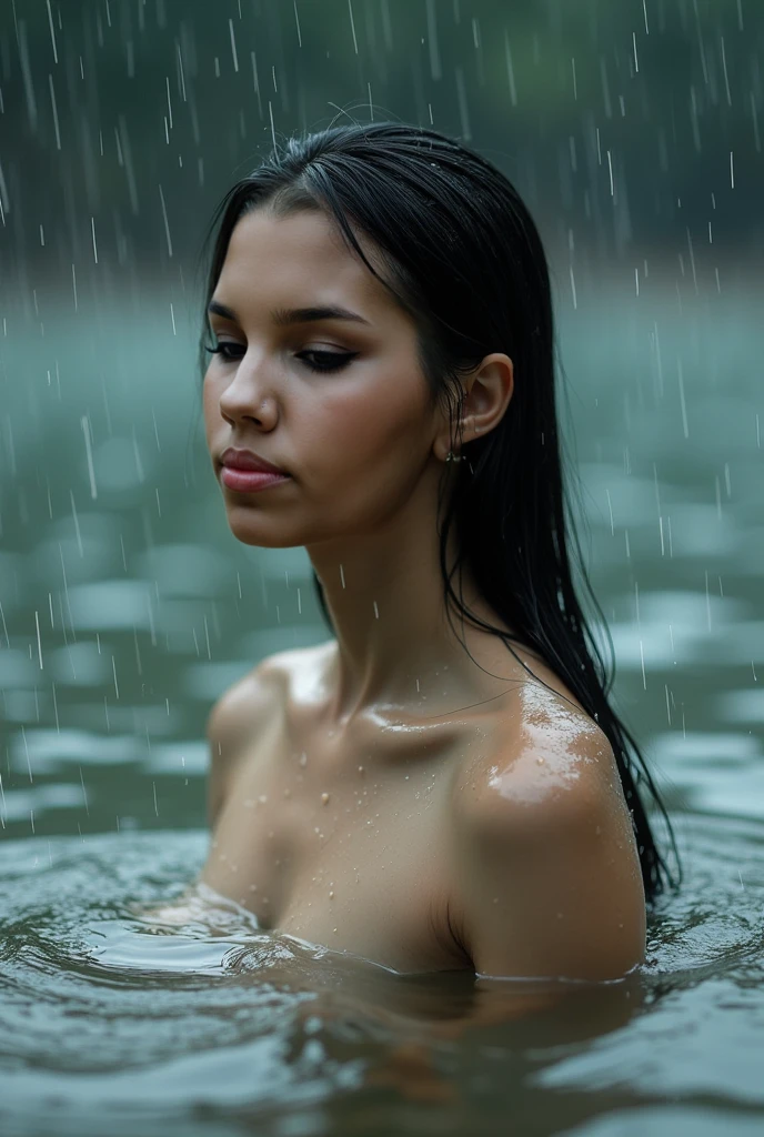 (raw photo:1.2), (photorealistic:1.4), huge file size, super detailed, high resolution, very detailed, best quality, masterpiece, very detailed, 8k wallpaper, amazing, Fine details, masterpiece, best quality, American woman, eyeliner, eyeshadow, detailed face, detailed eyes, wearing black lace bra, torrential rain, soaking wet, covered in dripping water, wet hair, wet dress, dripping water, glistening skin, f/2.0, park in background, water splashing on her head, jean shorts