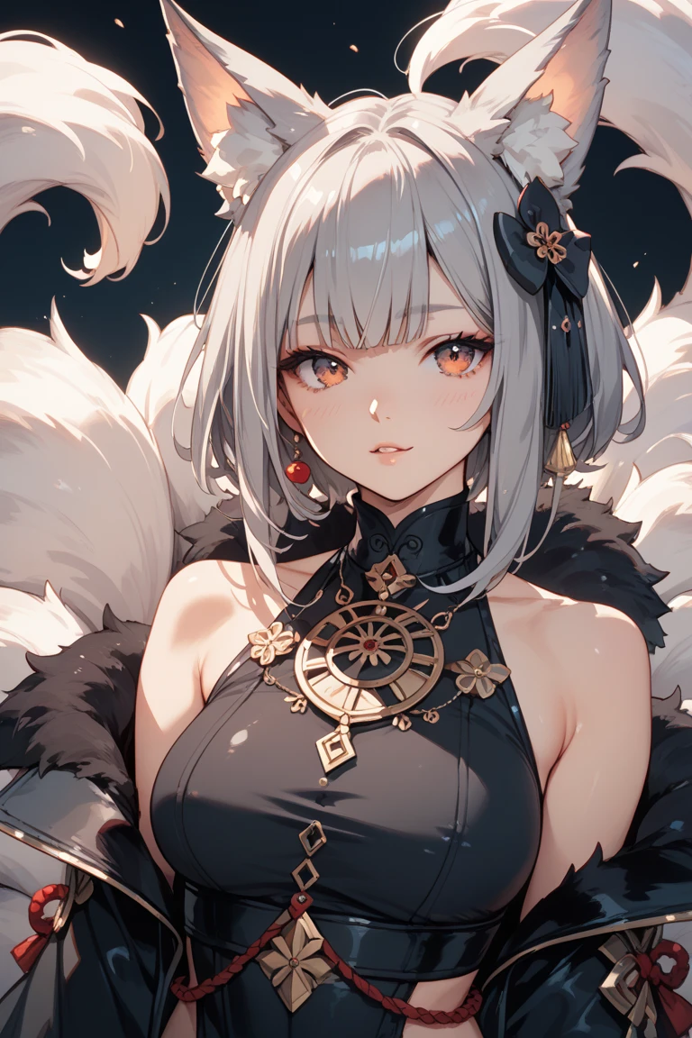 ((Best Quality, Masterpiece, perfect anatomy, detailed picture)), furry, 1woman, pantera, two tone skin, black body, gray fur, sexy, long white hair, ponytail hair, fluffy feline tail, yellow sclera, tribal tattoo, earrings, red blush, shy, in the ruins, portrait, illustration, gold necklace add_detail:1 ,gold bracelet add_detail:1