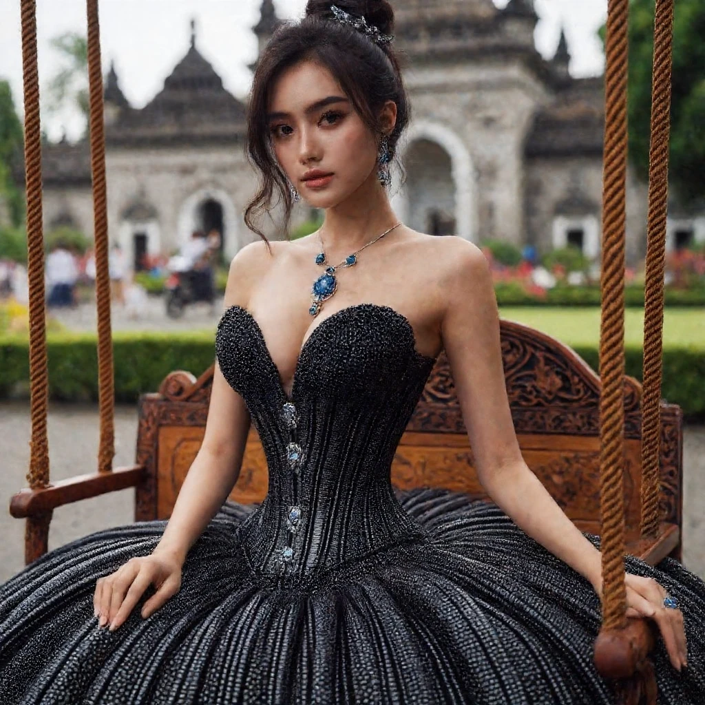 (Extreme HDR) (brightness FX) Photo of an asian woman gigantic Breast 'white skin' with long hair flowing in the wind, wearing a black batik patterned costume, a V-cut strapless corset style batik dress made of carbon patterned satin, a very narrow and stiff V-cut waist decorated with blue jewels, a luxurious long skirt, looks beautiful and stunning, very realistic and detailed, with a royal palace in the background, sitting on a swing, behind it is a black classic car. hyper realistic, hyper detail clothing, Detailed gemstones, masterpiece, best quality:1.2),,(8k,highres,RAW photo,realistic,photo-realistic:1.3),(detailed skin texture,detailed cloth texture, beautiful detailed face:1.25),professional lighting,photon mapping,beautiful soft light,radiosity,physically-based rendering,raytracing, model shoot style, model shoot style, (extremely detailed CG unity 8k wallpaper), full shot body photo of the most beautiful artwork in the world (NSFW), (Nude), (Naked), (carbon fiber corset) (big veiny breast) (steampunk corset) (glowing dress)
