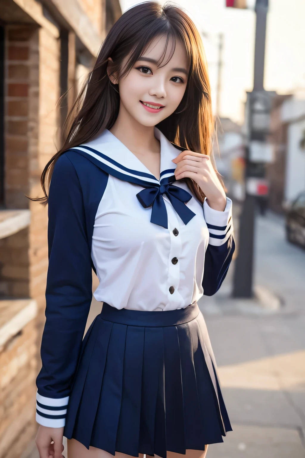 (A gorgeous Japanese idol, age 22 , in a cafe, wearing seifuku, school uniform, sailor moon, jk uniform, high-school uniform, red ribbon, sailor hat, knee high socks,
Easygoing expressions, kind smile, dimpled chins, cute snaggle-tooth, short bob hair ponytail, symmetrical face, realistic detailed face, beautiful detailed eyes, perfect body proportions, hourglass figure, ample round bosoms, huge breasts,
Raw photo, photorealistic, realistic portrait, hyper-realism, high contrast, ultra HD, realistic skin textures, top image quality, top-quality, super high resolution, fine details, very meticulously, masterpiece, medium shot, close-up shot, cowboy shot, High Angle Shot, bokeh background, SFW, Safe For Work)
