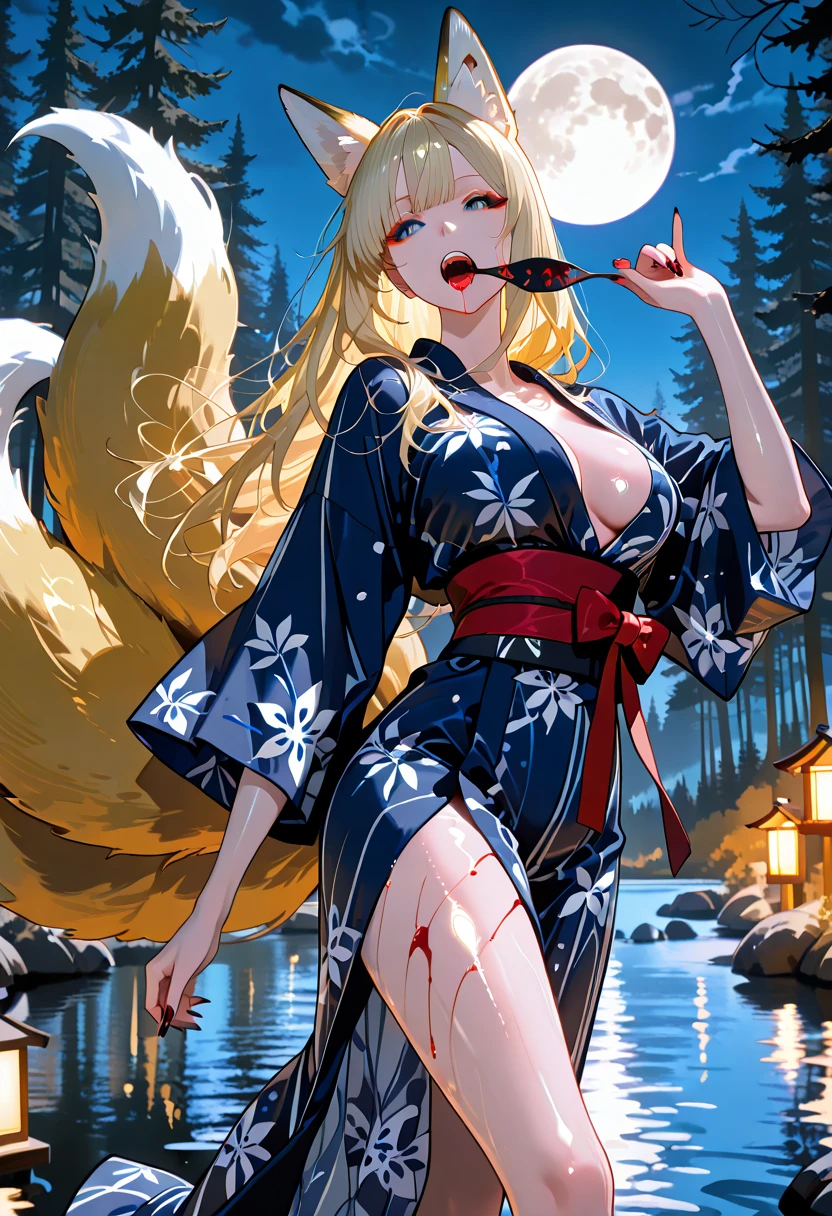 solitary, (Fox ears), Exquisite eyes, blond hair,Facial details, Green Eyes, Red Eyeshadow, lips are red, Fake laugh, Ukiyo-e, masterpiece, high quality, big breasts,Black tights,High heel,Exposing thighs,leaking breasts