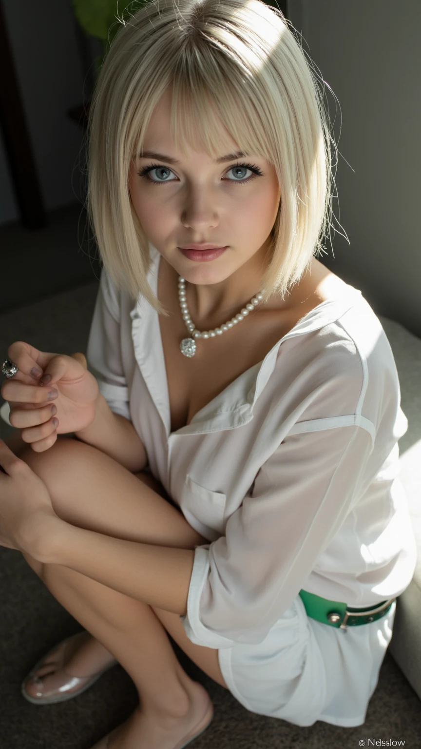 (Soft Lighting Photography by Mimoza Veliu and Mario Giacomelli:1.2), portrait, upper body, close up, cute woman, beautiful, 20 years old, brown eyes, (black bold eyeliner, makeup:1.3), soft smile, shoulder length blonde hair at side, ear, see through loose blouse, cleavage, kneeling, living room, knee high socks, body, beautiful legs, realistic soft skin, looking at viewer full body image