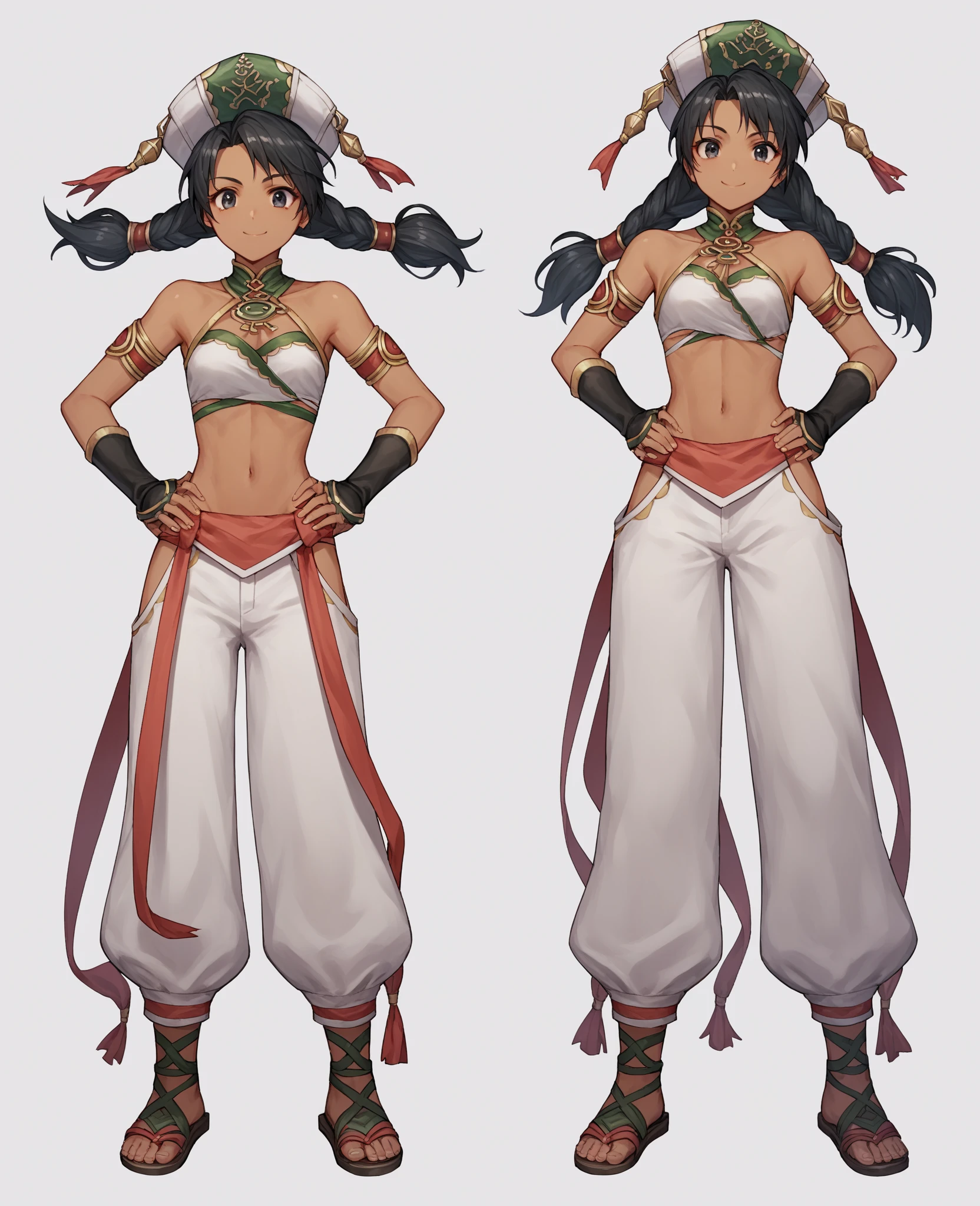((masterpiece)),((best quality))),(((character design sheet, same character, front, side, back)),(illustration), (1 47-year-old woman), female, Japanese anime style, (mature woman), warrior woman, (full body), (scantily clad warrior), black hair, black eyes, braided hair, ambient Scene change, pose too, charturnbetalora, (single background, white background: 1.3) Mononoke Hime --auto --s2