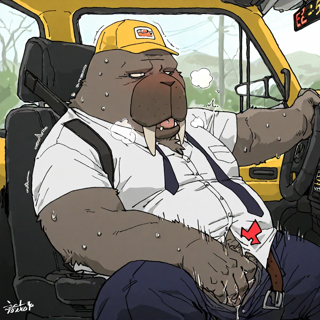 Old Caucasian redneck, round chubby face, no jawline, grey hair, male, fat, chubby, short hair, wearing dirty socks, only wearing socks, leaking cum out of cock, cum everywhere, smelly socks, sweaty, stench coming from socks, stinky socks, grey pubes, furry, brown cat, cum leaking, obese, broken condom, creampie,suspenders, showing off dirty socks, 60 years old, used condom on floor, mechanic, working on car in garage, sitting on ground, dirty white socks, moaning face, smelling his own foot