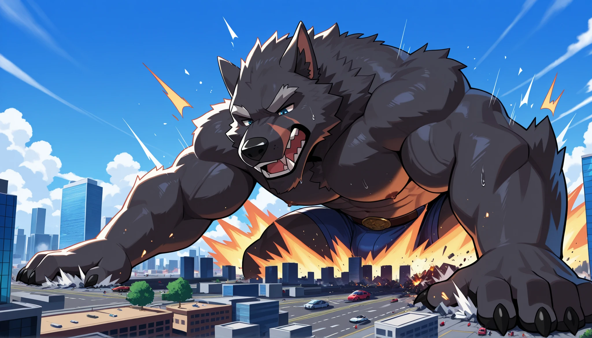 Blaidd, macro in miniscule city, causing destruction, dynamic pose