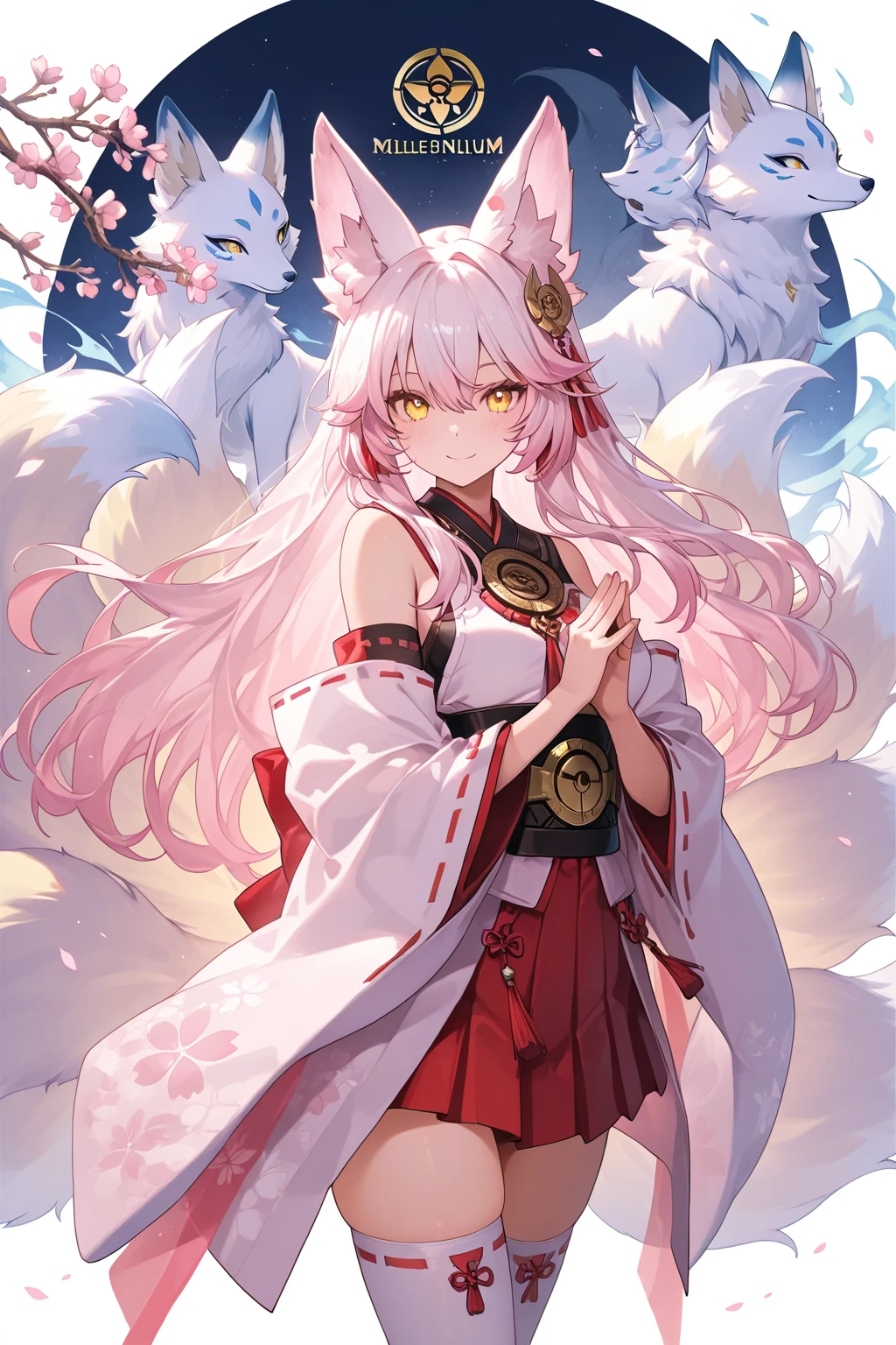 1 Girl, Nine-Tails, Japanese Clothes, Rori, Fox, Red and White, Shrine, Super Cute Face, Nine Tails, Dense, High Definition, Cherry Blossom Blooming Forest, Glowing (Extremely Detailed CG unity 8k wallpaper), (masterpiece), (Best Quality), (ultra-detailed), (best illustration),(best shadow), (an extremely delicate and beautiful), dynamic angle, floating, fine detail,