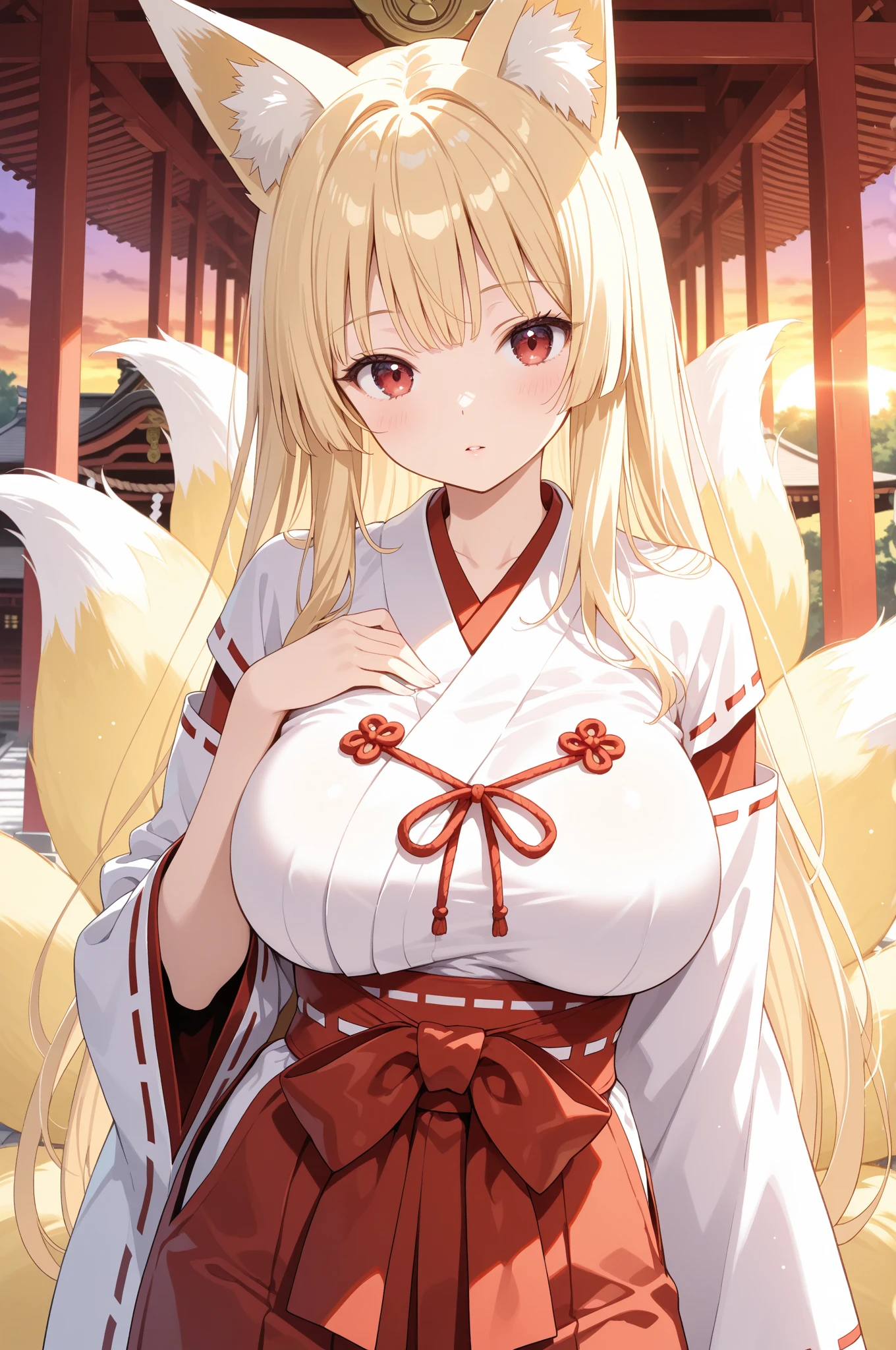 highest quality、、Big Breasts、Cleavage、Fox ears、Long blonde、Red Eye、kimono、smile、Japanese-style room