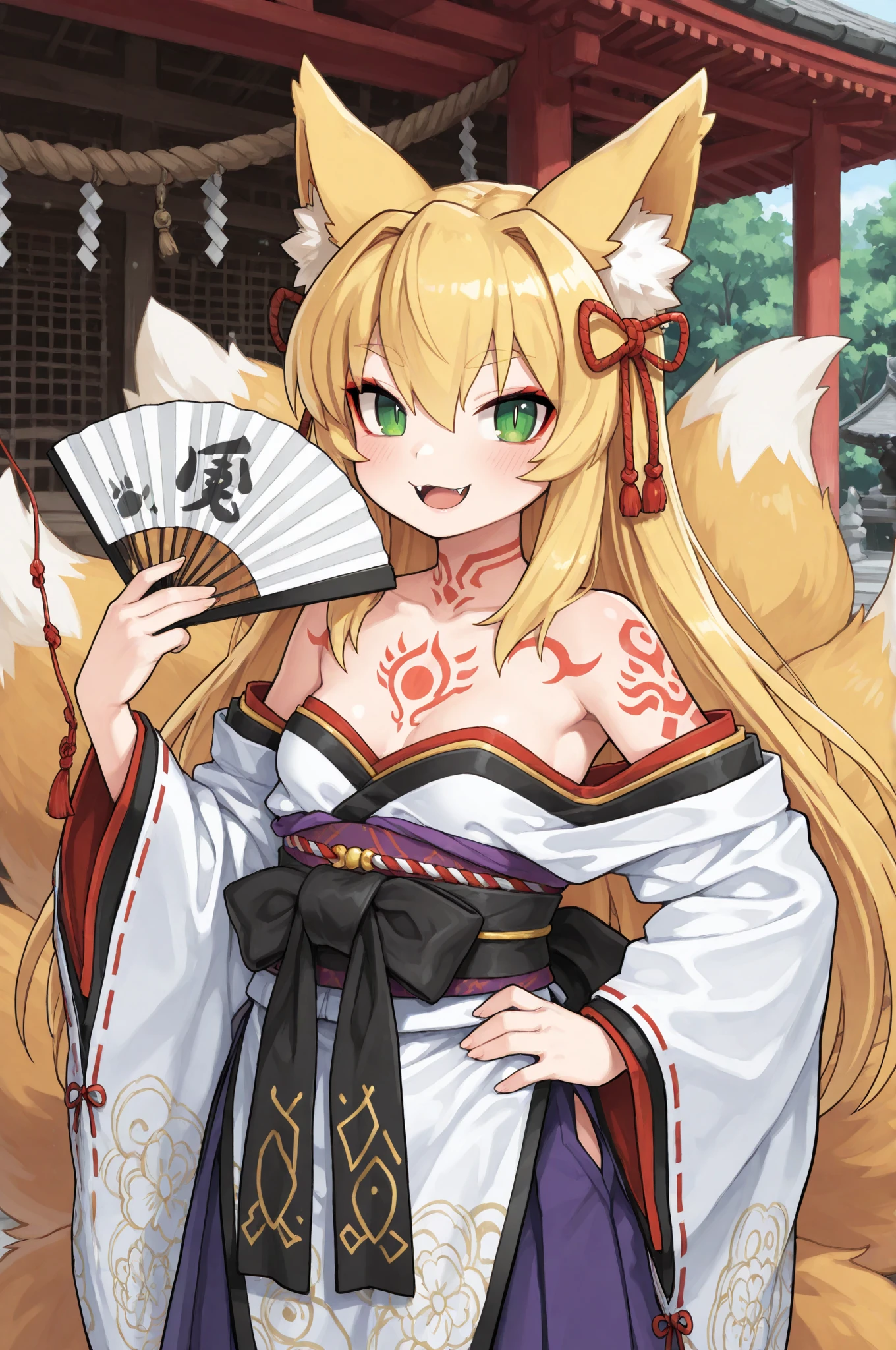 4K、Cute fox spirit、Woman in her twenties、Fox Ears、tail、kimono、Big Breasts、valley、Blonde、Short Hair、whole body、Fantasy Forest、Expose the chest、はだけたkimono、Captivating look
