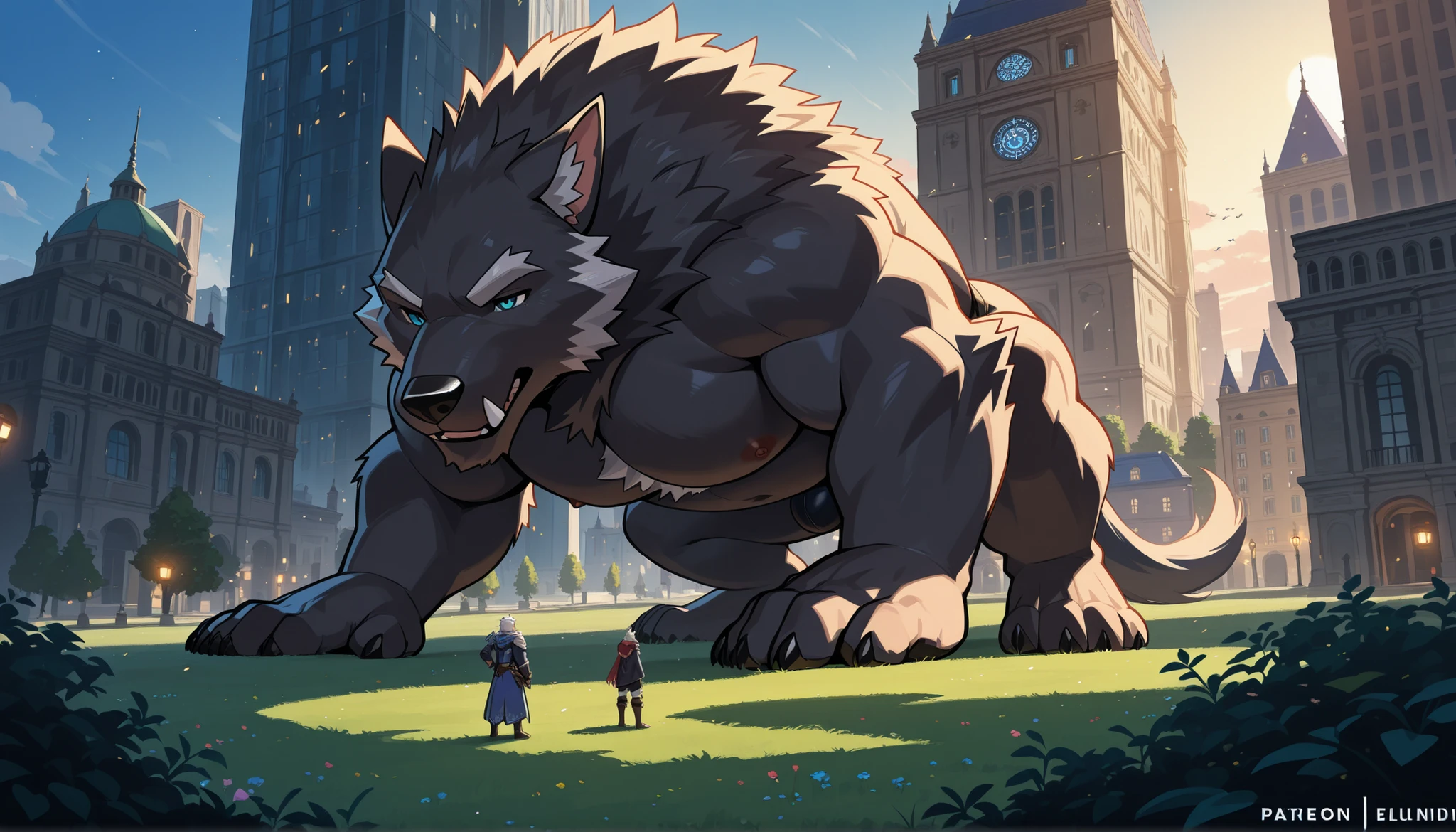 Giant Buff Werewolf Butler, Confident, Golden Eyes, Muscular, Handsome, Charming, View from Below, Macro