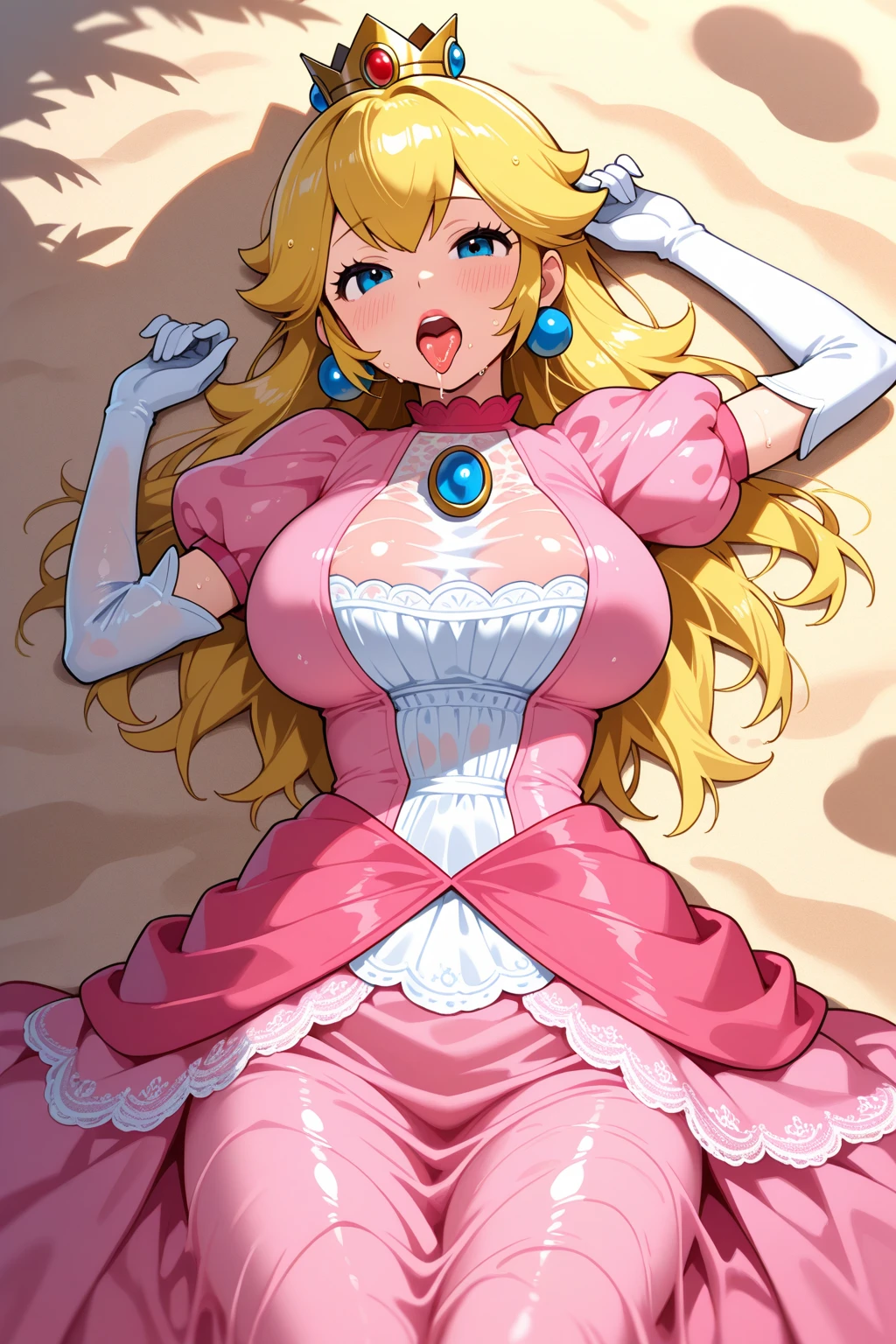 (beste- Qualit:1.4), (hight resolution:1.4), peach, bare shoulders, a necklace、Uploaded、 bath、ballroom、 Look away from viewer、With smiling eyes, pink princess dress with cleavage, sleeping on bed, inviting for sex