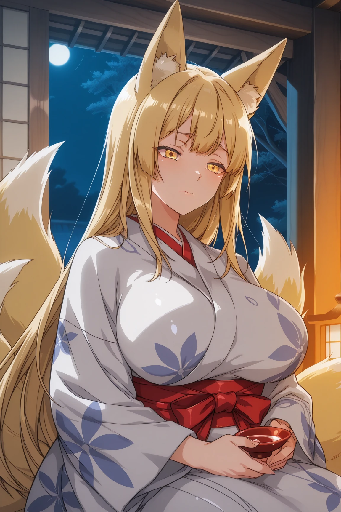 (masterpiece),(best quality),(ultra detailed),(illustration),(an extremely delicate and beautiful),(anime colored),woman is fox girl,monster girl,(giganticboobs:1.3),curvy,(shiny hair),very long hair,(flipped hair),sidelocks,(crossed bangs),(blonde hair),fox eyes,(((((((nine fox tails))))))),(((Japanese circlet))),(red eyes),(shiny skin),(((japanese kikono))),cleavage cutout,thigh,legs