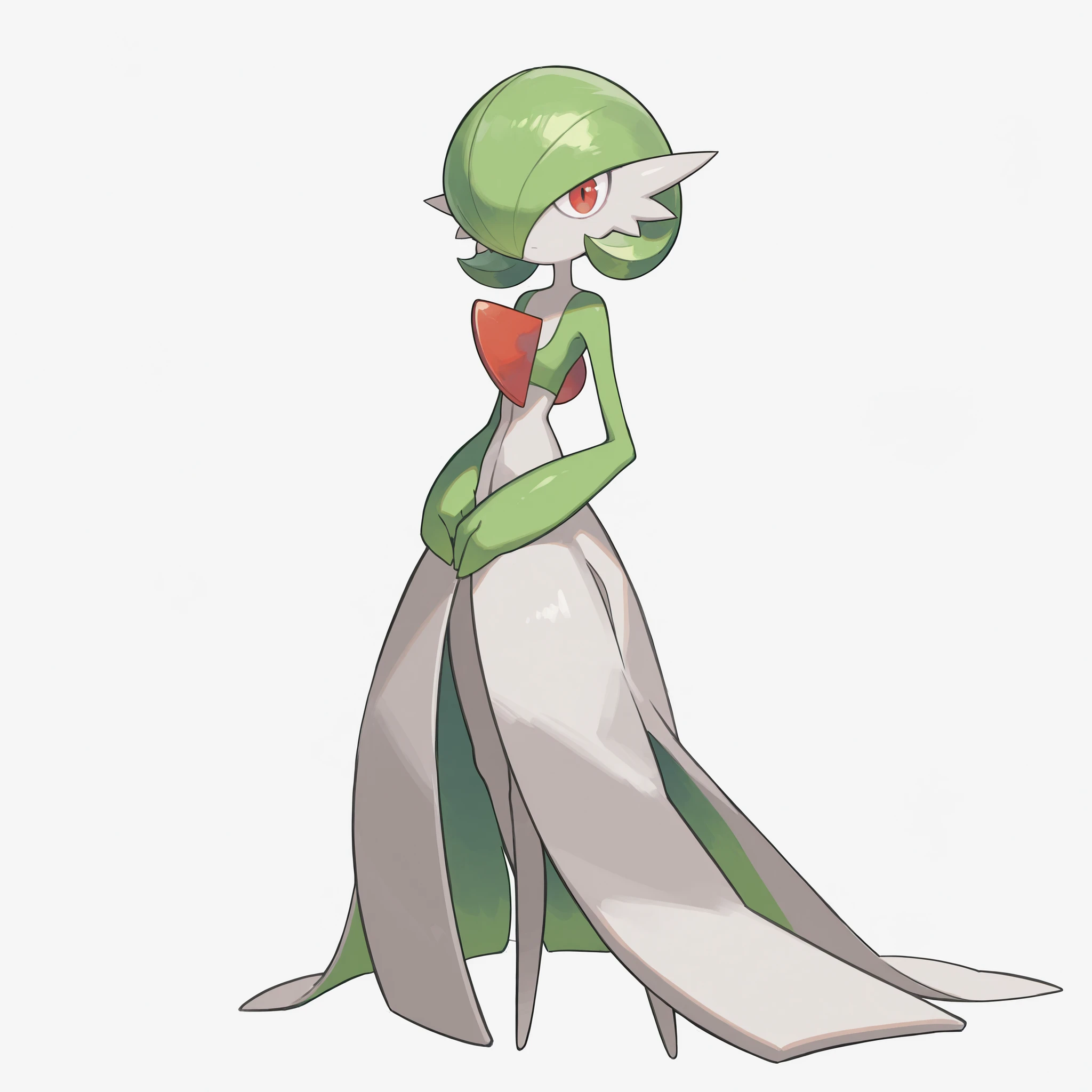 masterpiece, ultra-HD, impressionism, high detail, best quality, very aesthetic, 8k, best quality, beautiful, Gardevoir, 1girl, solo, white skin, green hair, short hair, red eyes, white dress, pokemon (creature), green sleeves, slim, serious, cute, hands on lap, standing, full body, looking at viewer, simple background, front view