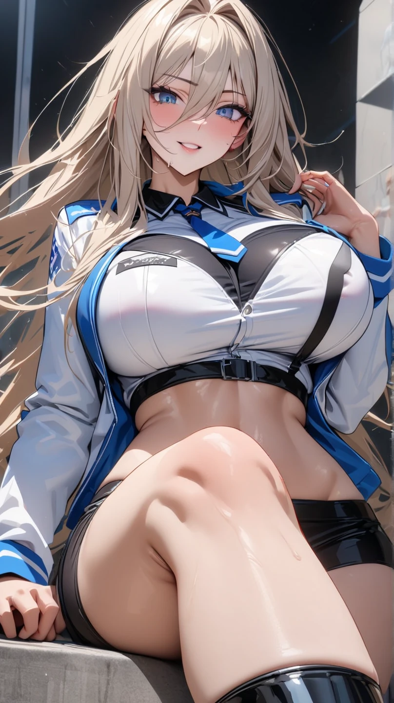 asuna ba, bow, looking at viewer, ribbon, long hair, thighs, collared shirt, platinum blonde hair, wrist scrunchie, large breasts, hair ribbon, hair over one eye, white shirt, very long hair, solo, blue eyes, 1girl, cropped shirt, blush, bowtie, black choker, cotton pencil skirt, upskirt, pantyshot, white thong, cleavage, cleavage, (underboob:1.2), sexy pose, from below, <lora:asuna_ba by goofy ai:1>