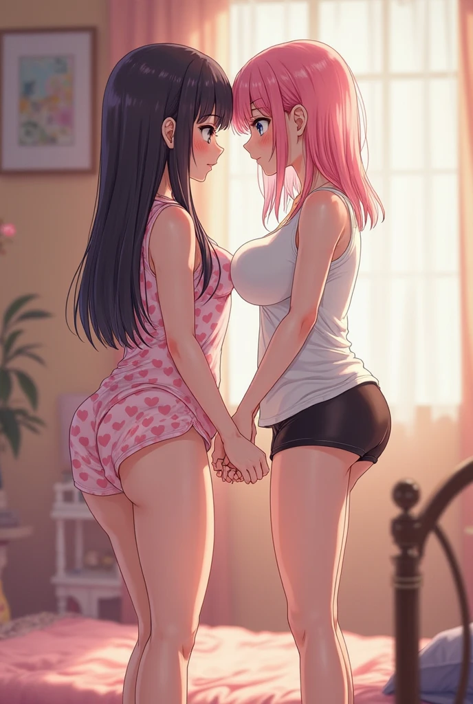 (masterpiece, best quality), 2girls, yuri, blush, sweat, leggings, together