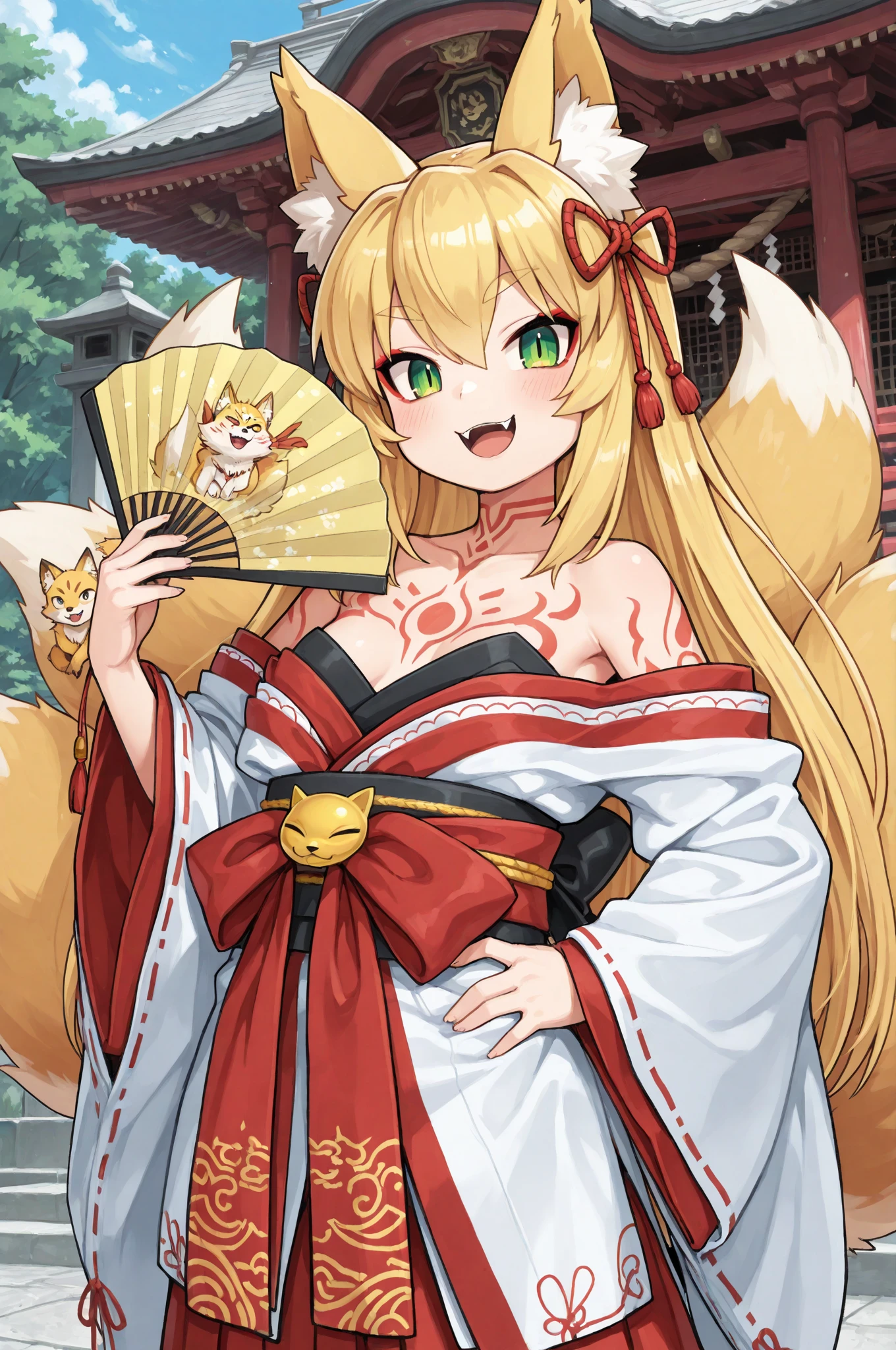 highest quality、smile、Big Breasts、Cleavage、Fox ears、Long blonde、Red Eye、kimono、Japanese-style room