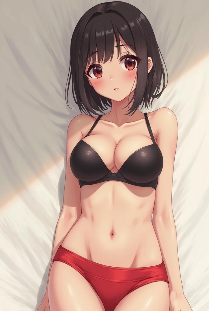masterpiece、hight resolution、Top image quality、 kurihara chiyo、Bob cut hair、A dark-haired、bangss、High school students、red blush、Smiling smile、A slender、large boob、(((decorative sexual bra、panties with decoration and embroidery、Focus on detailed panty crotch)))Thin leg