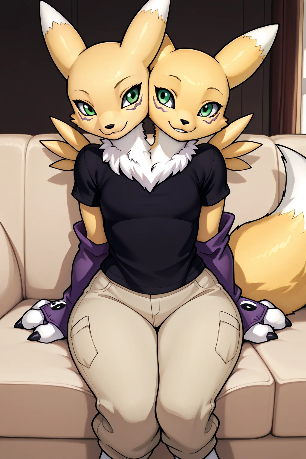 masterpiece, highest quality, Sandy's, High resolution, High detail, Green Eyes, Green Hair, Orange fur, White fur, [[Humanity]], ((kemono)), [[Furry]],Naked,Naked，Completely naked，Completely nakedのまま， Sexy pose,  paw pose，Xiong 1，Female 1，